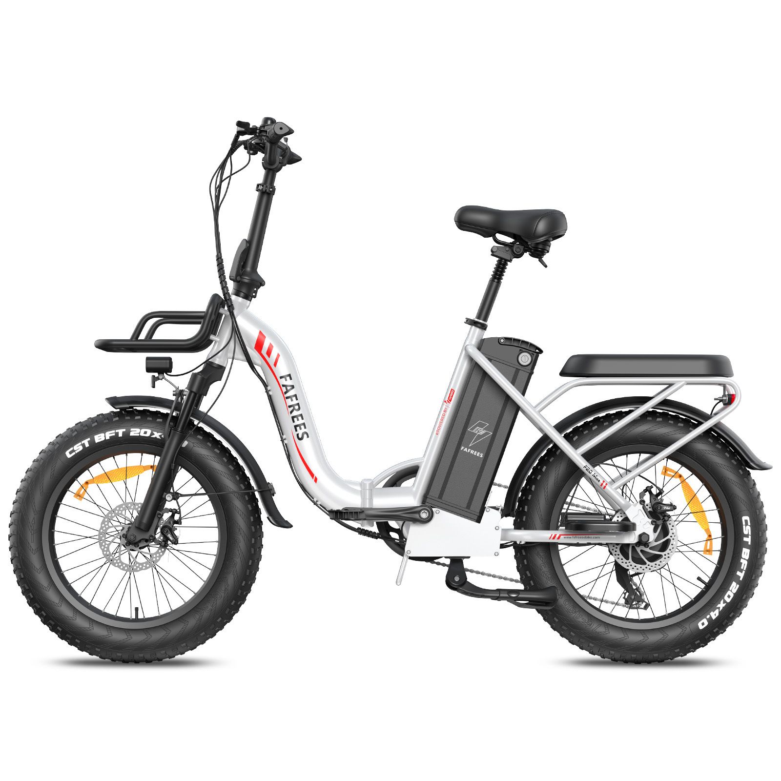 Vélo électrique pliable blanc, selle et pneus noirs. Logo FAFREES visible. Porte-bagages.