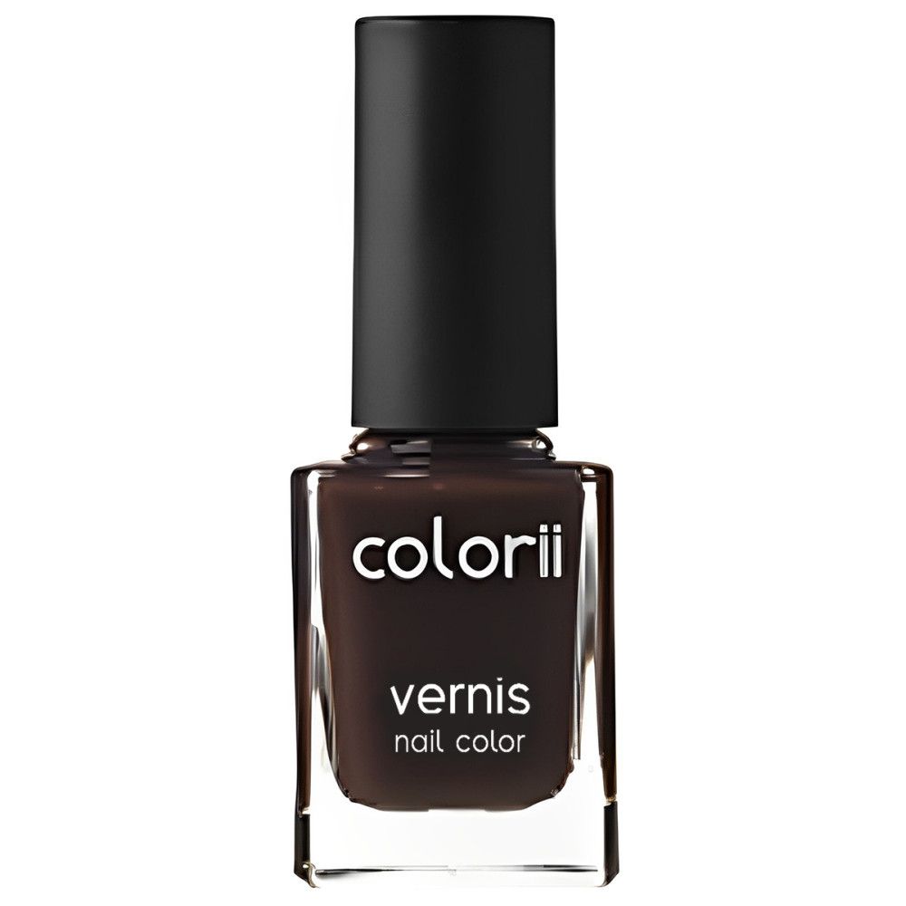 Flacon de vernis à ongles marron. Bouchon noir. Inscription : colorii, vernis, nail color.