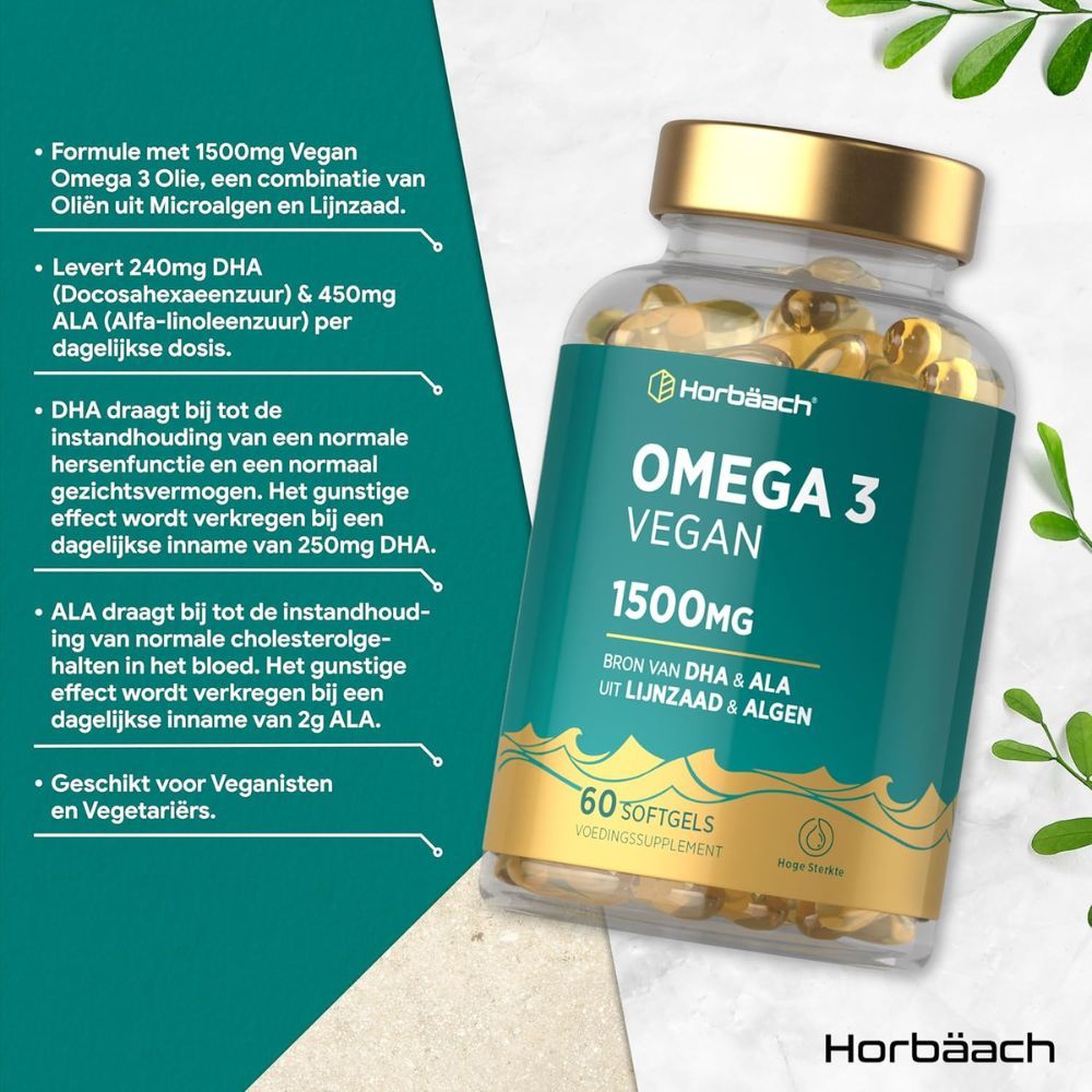Fles met capsules. Horbaach Omega 3 Vegan 1500mg. 60 softgels. Tekst op groene achtergrond.