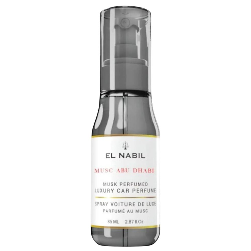 Flacon pulvérisateur gris avec étiquette blanche. Texte: EL NABIL, MUSC ABU DHABI, MUSK PERFUMED LUXURY CAR PERFUME, SPRAY VOITURE DE LUXE. 85 ml.