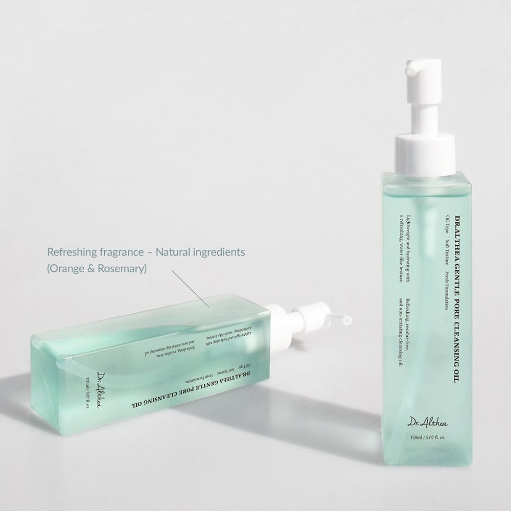 Twee flessen Dr. Althea Gentle Pore Vegan Cleansing Oil, één rechtop, één liggend.