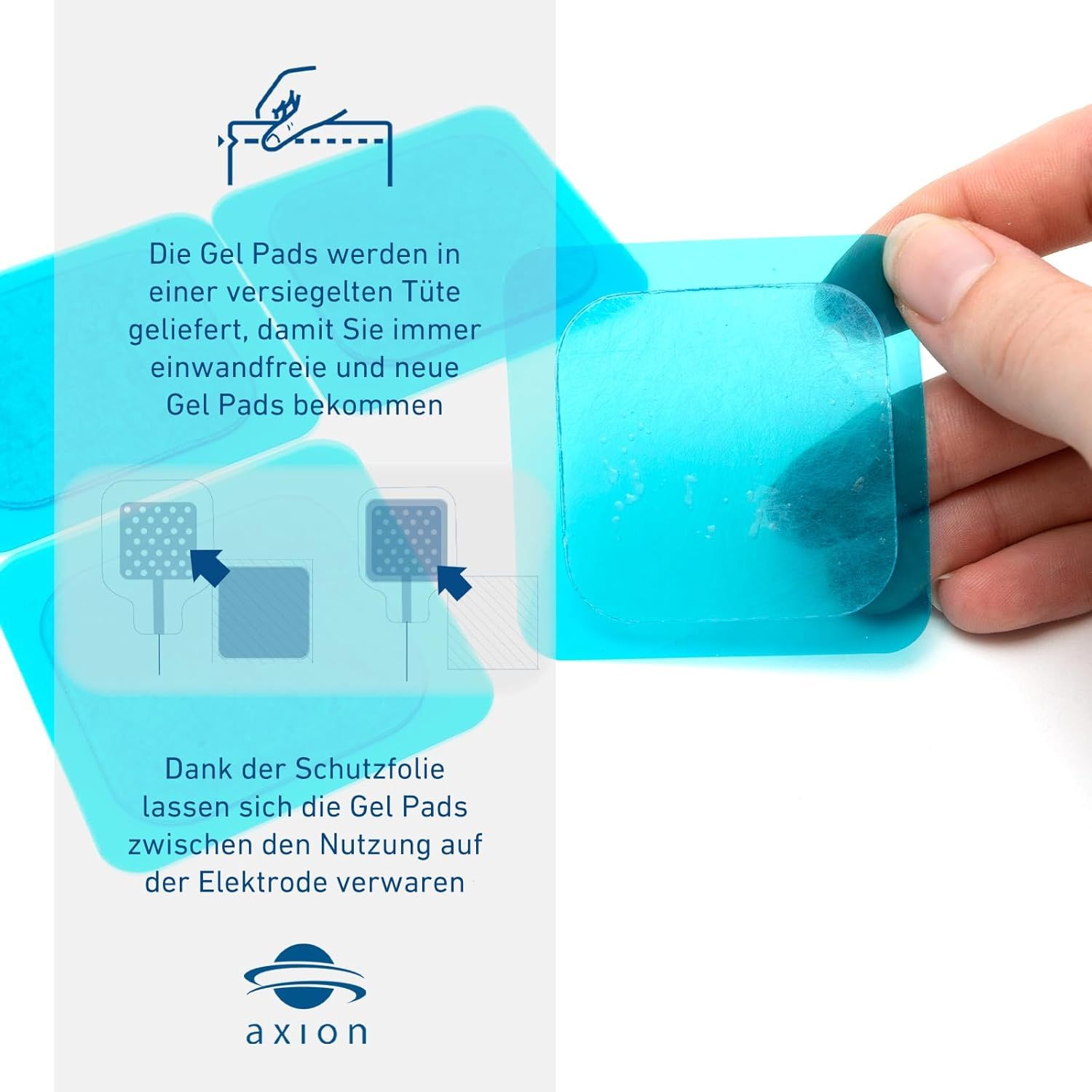 Coussinets de gel avec film protecteur. Illustration de l'emballage. Logo axion.