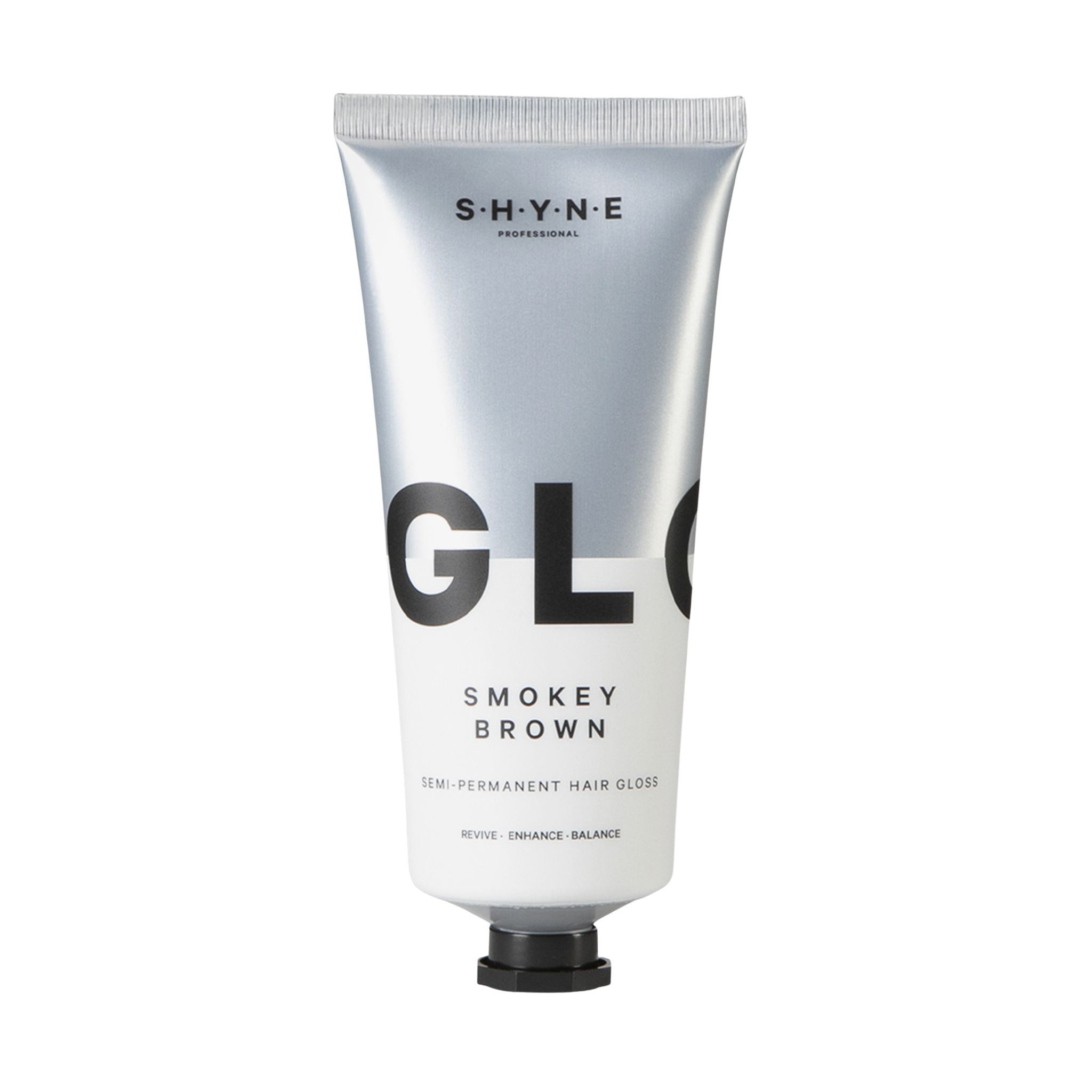 Tube argentée avec bouchon noir. Inscription: SHYNE, GLO, Smokey Brown, Semi-Permanent Hair Gloss.