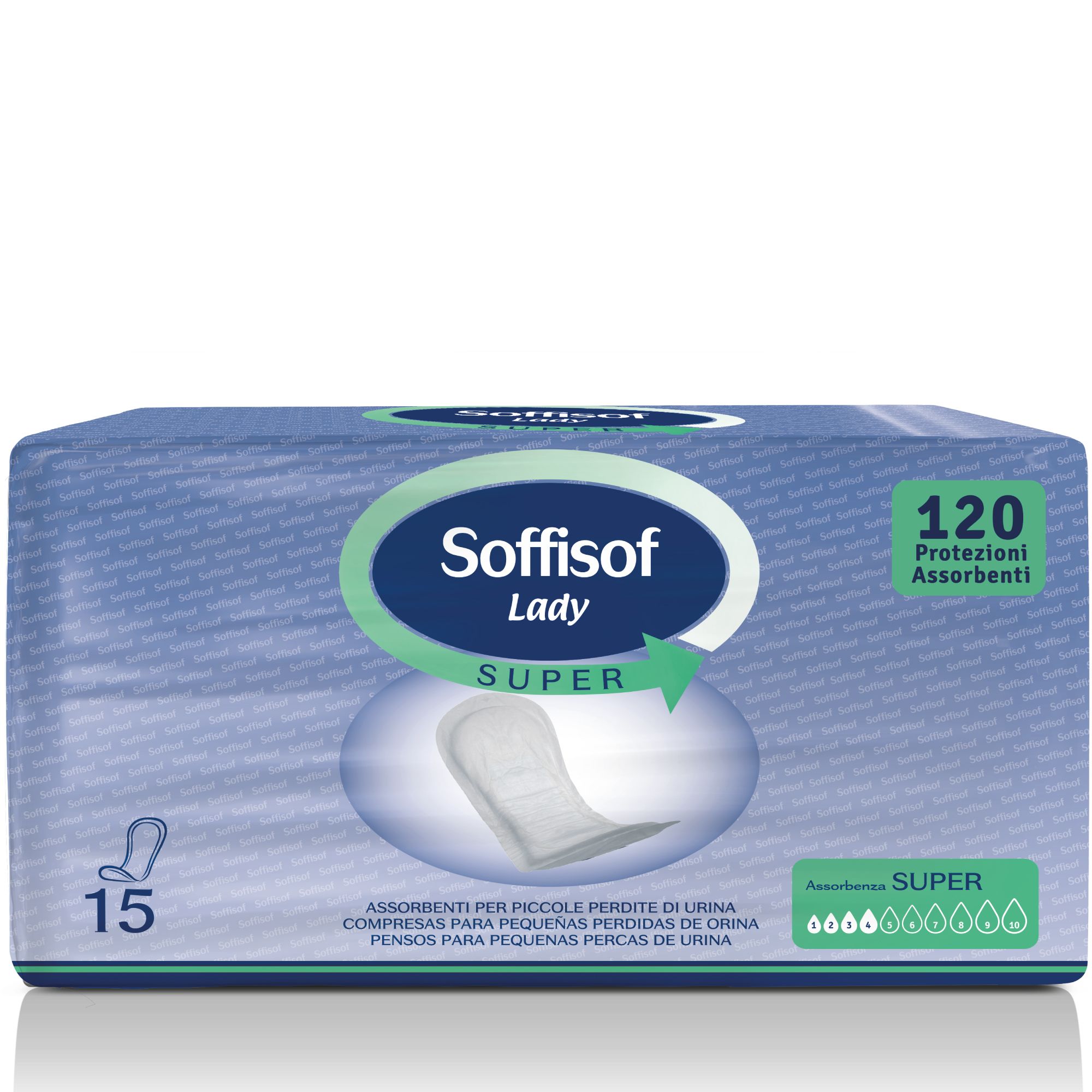 Paquet de Soffisof Lady Super. 120 protections. Inscription : 15 pièces, Super, niveau d'absorption.