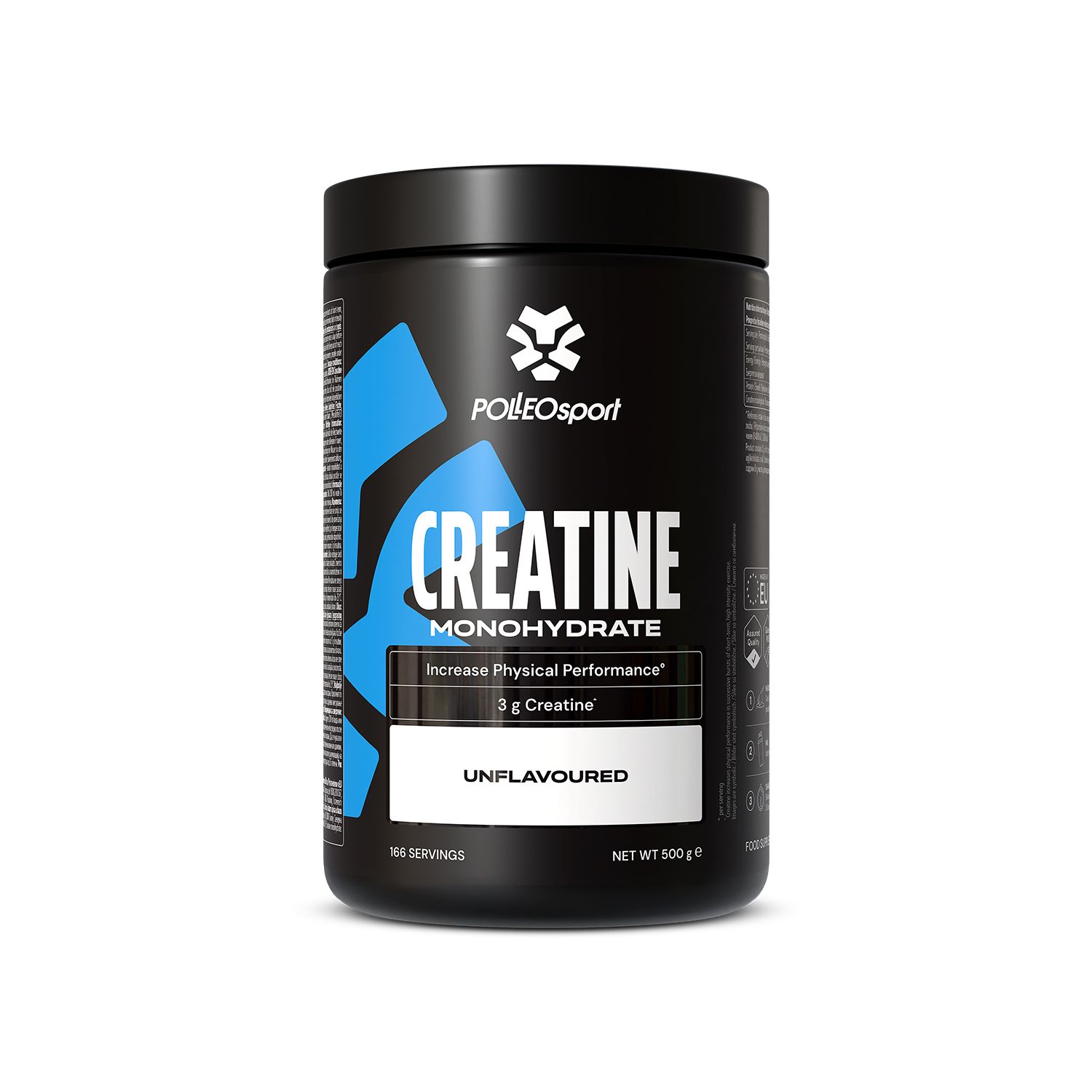 Pot noir avec logo bleu et inscription Créatine Monohydrate. Inscription: POLLEOsport, sans saveur. Contenu net 500g.