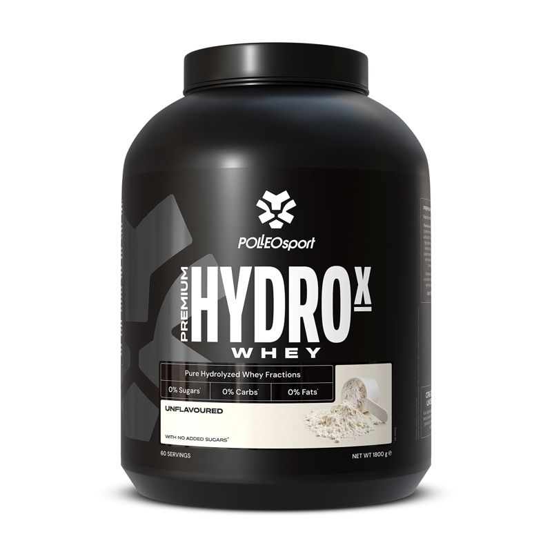 Zwarte pot met opschrift "HYDROX WHEY". Bevat eiwitpoeder. Opschrift: "POLLEOsport", "UNFLAVOURED", "0% suikers, 0% koolhydraten, 0% vetten".