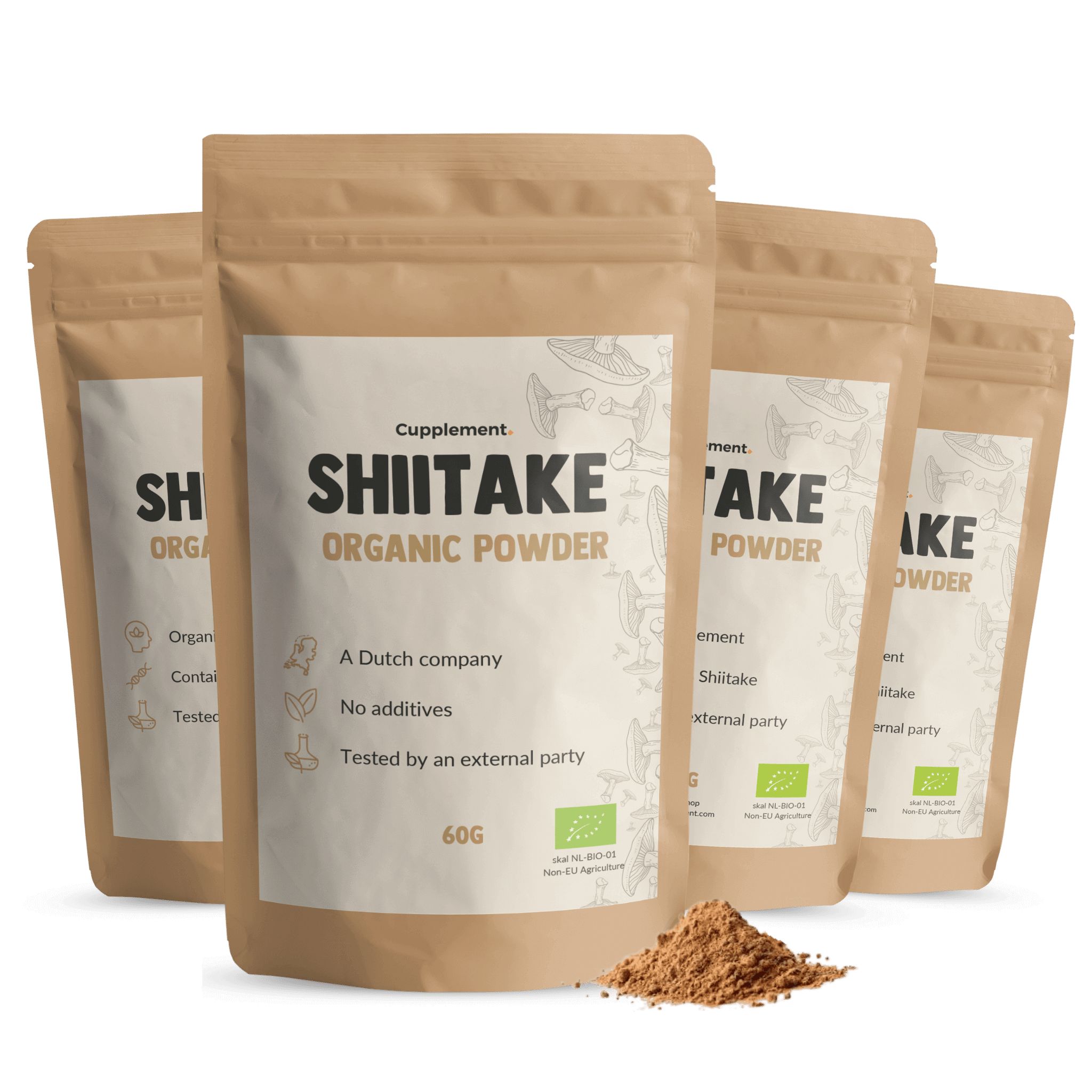 Plusieurs sachets de poudre de shiitake. Sachets bruns avec informations sur le produit et logo. Poudre brune au sol.