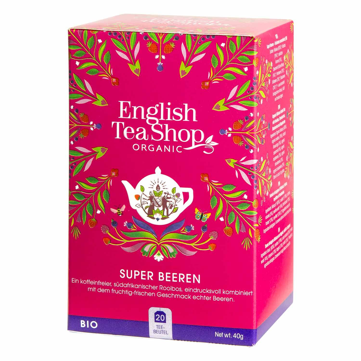 Roze verpakking "English Tea Shop Organic". Tekst "Super Bessen". 20 theezakjes. Bio-label. Netto 40g.
