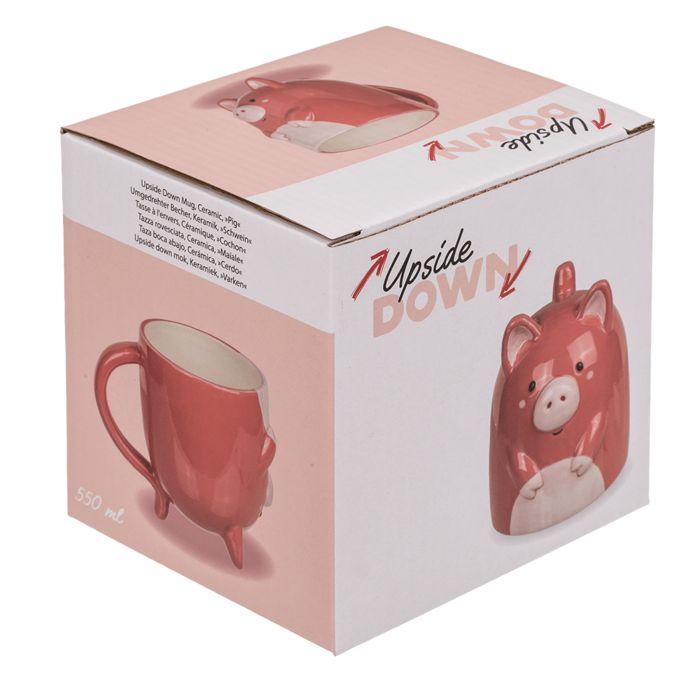 Verpakking voor een roze keramische beker in varkensvorm. Opdruk: 'Upside Down'. Illustraties van bekers.