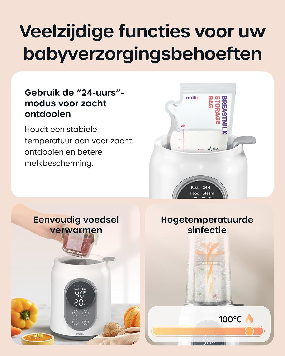 Een witte babyvoedingwarmer met digitaal display en bedieningselementen.