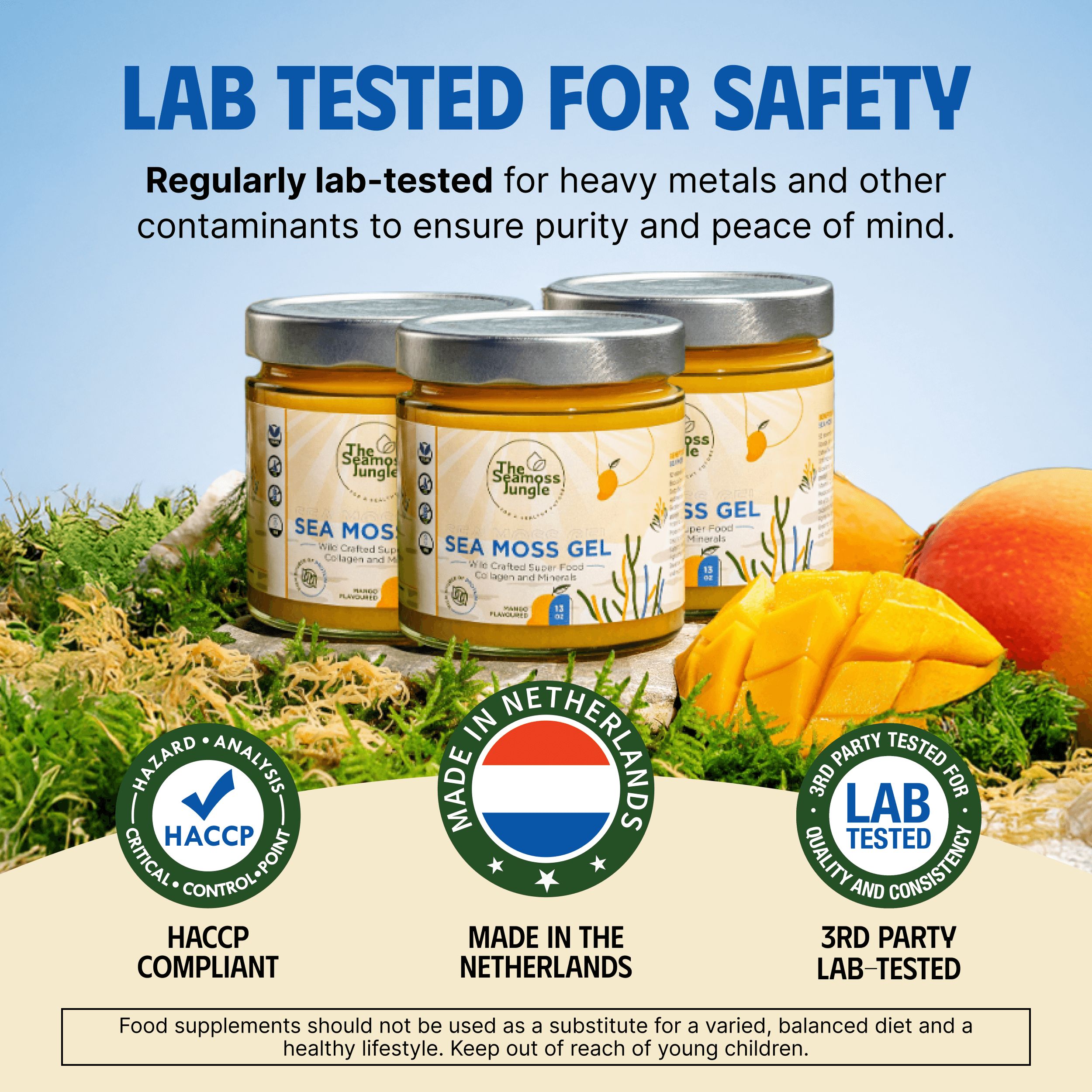 Drie potjes Sea Moss Gel met mango. Tekst: Lab Tested for Safety, Made in Netherlands, 3rd Party Lab-Tested. Logo: The Seamoss Jungle.