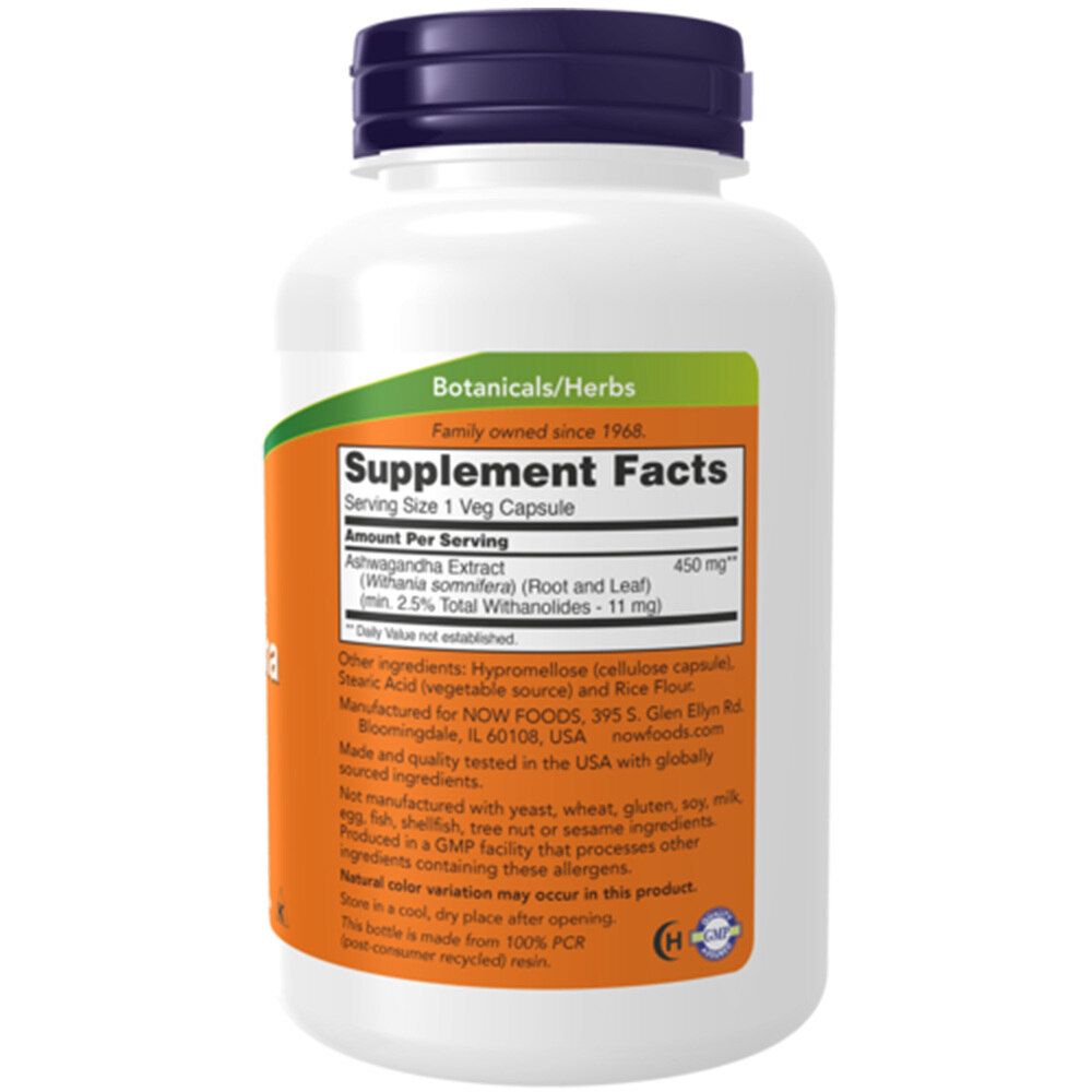 Dos du flacon blanc. Inscription: Supplement Facts, Ashwagandha 450 mg. Étiquette orange avec informations. Autocollant vert.