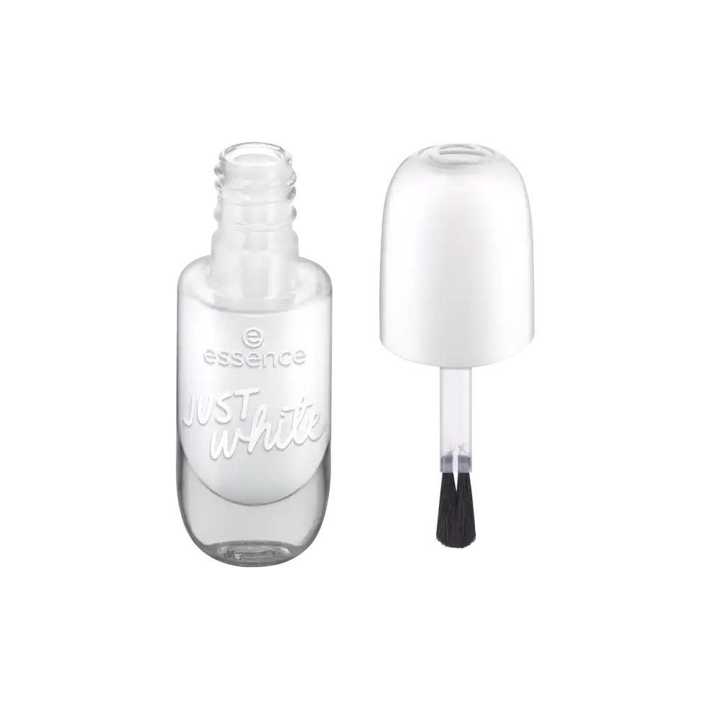 Flacon de vernis à ongles transparent avec contenu blanc. Bouchon blanc à côté. Inscription: essence just white.