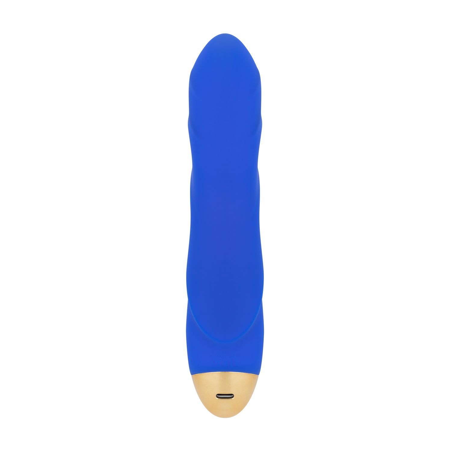 Vue de dessus d'un vibrateur bleu avec texture côtelée et capuchon doré.