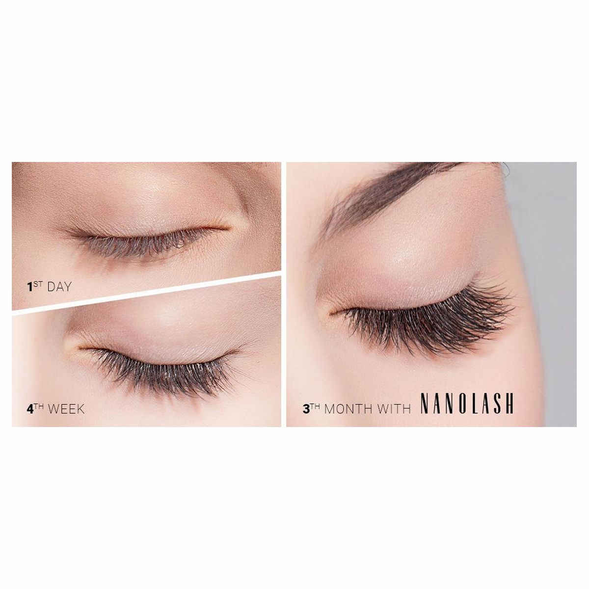 Vergelijkende afbeelding: ogen met wimpers voor en na gebruik. Tekst: Nanolash.