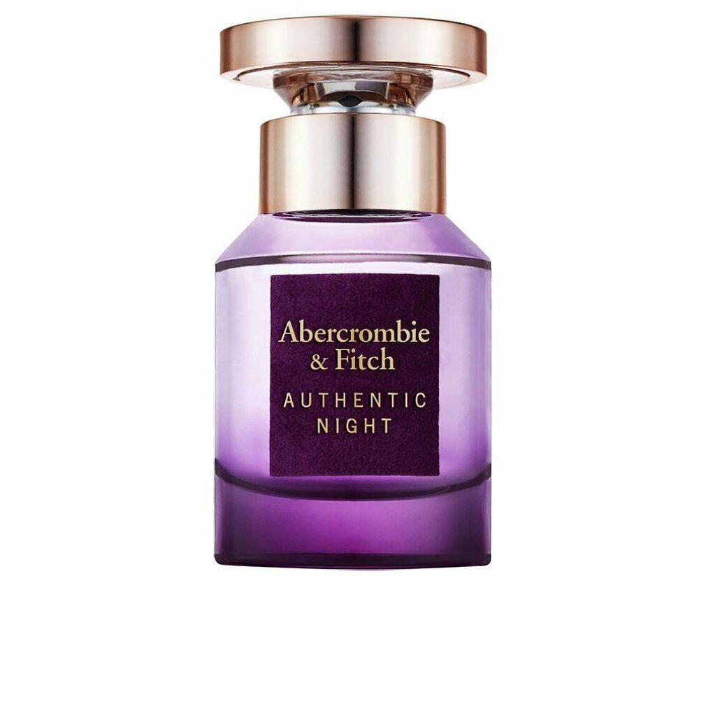 Flacon violet avec bouchon doré. L'étiquette indique "Abercrombie & Fitch Authentic Night".