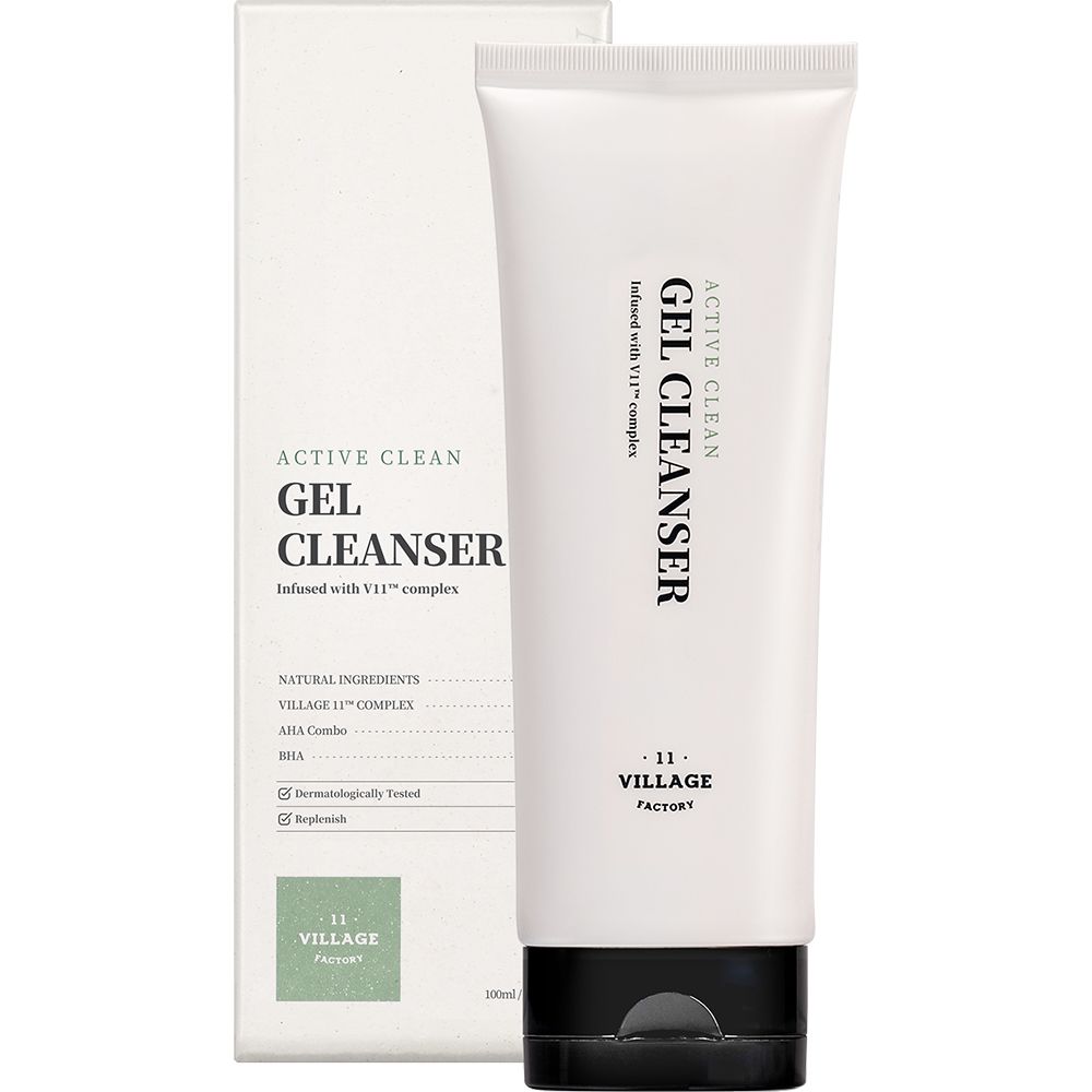 Witte tube met zwarte dop en doos. Opschrift: ACTIVE CLEAN GEL CLEANSER. Merk: VILLAGE 11 FACTORY.