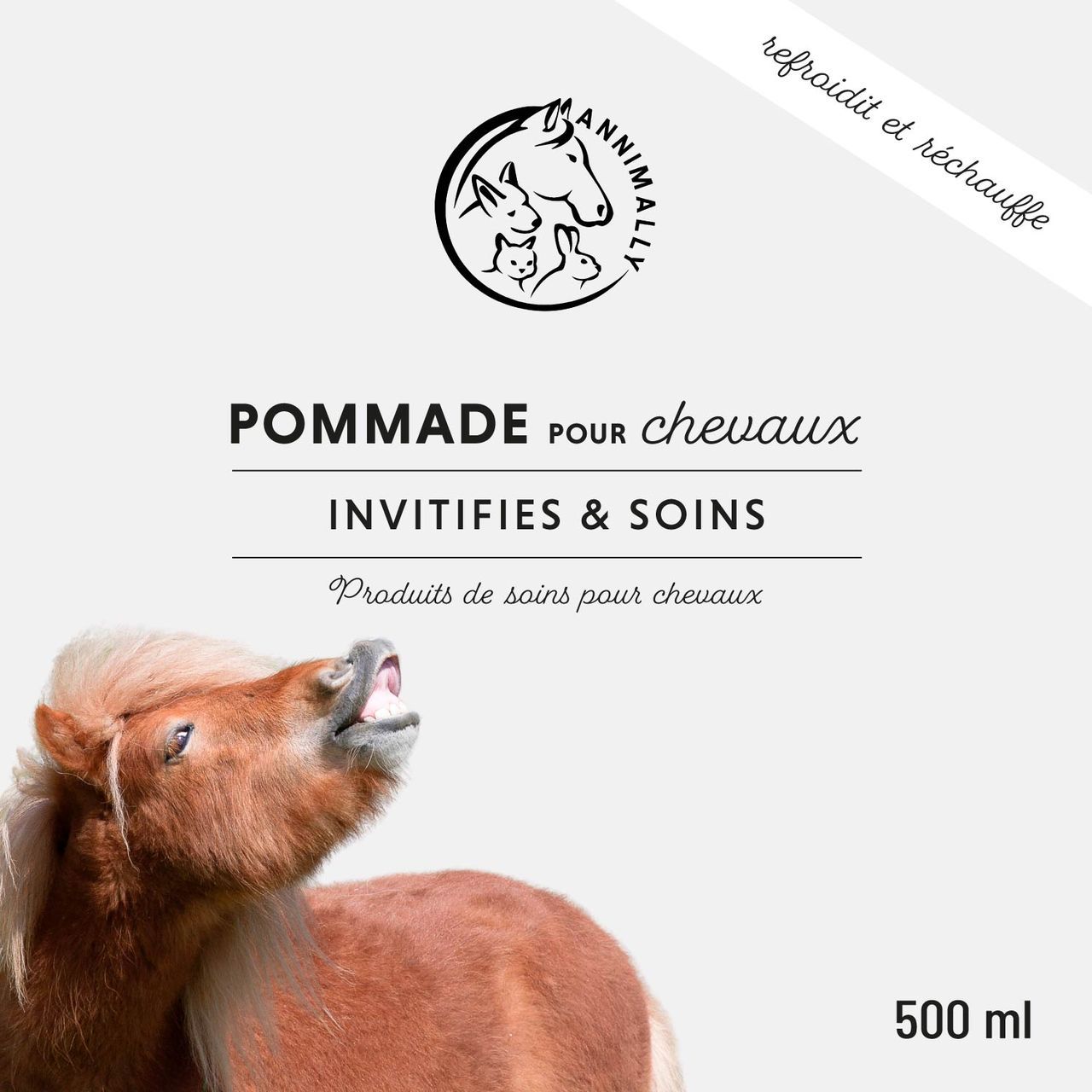 Texte: Pommade pour chevaux. 500 ml. Logo.