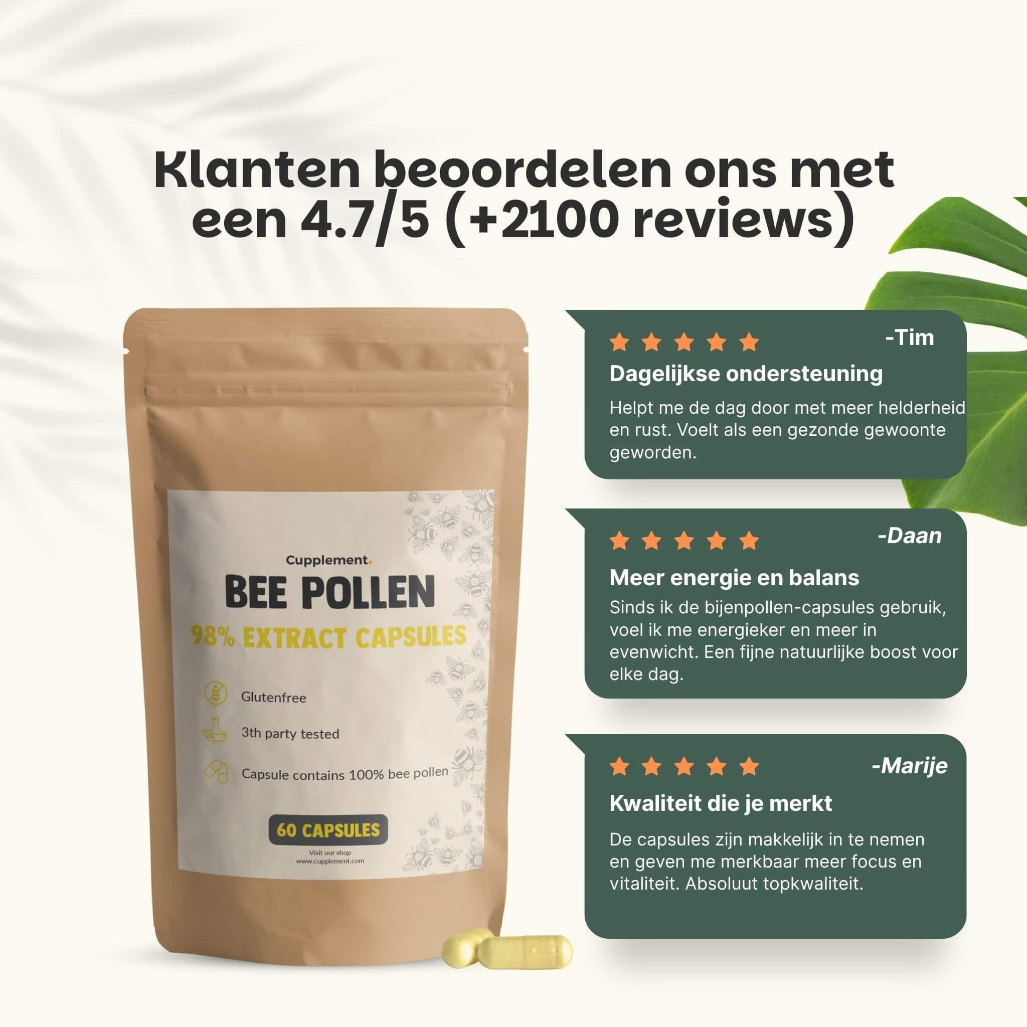Zakje "Bee Pollen". 60 capsules. Klantbeoordeling 4.7/5. Citaten: dagelijkse ondersteuning, meer energie en balans.