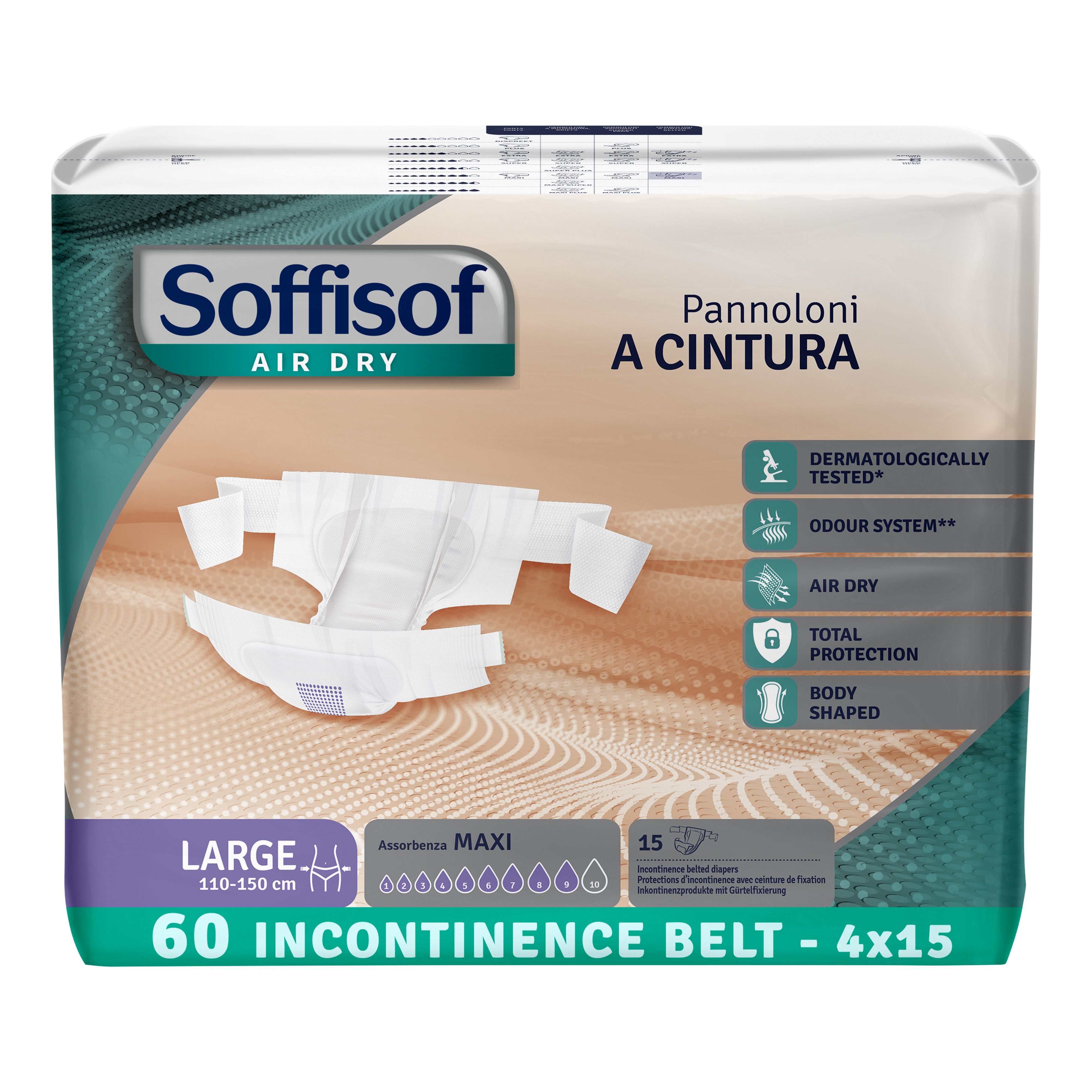 Verpakking incontinentiebroekjes. Large, 110-150 cm. 60 stuks. Met heupband. Dermatologisch getest, geurcontrole, Air Dry, Total Protection.