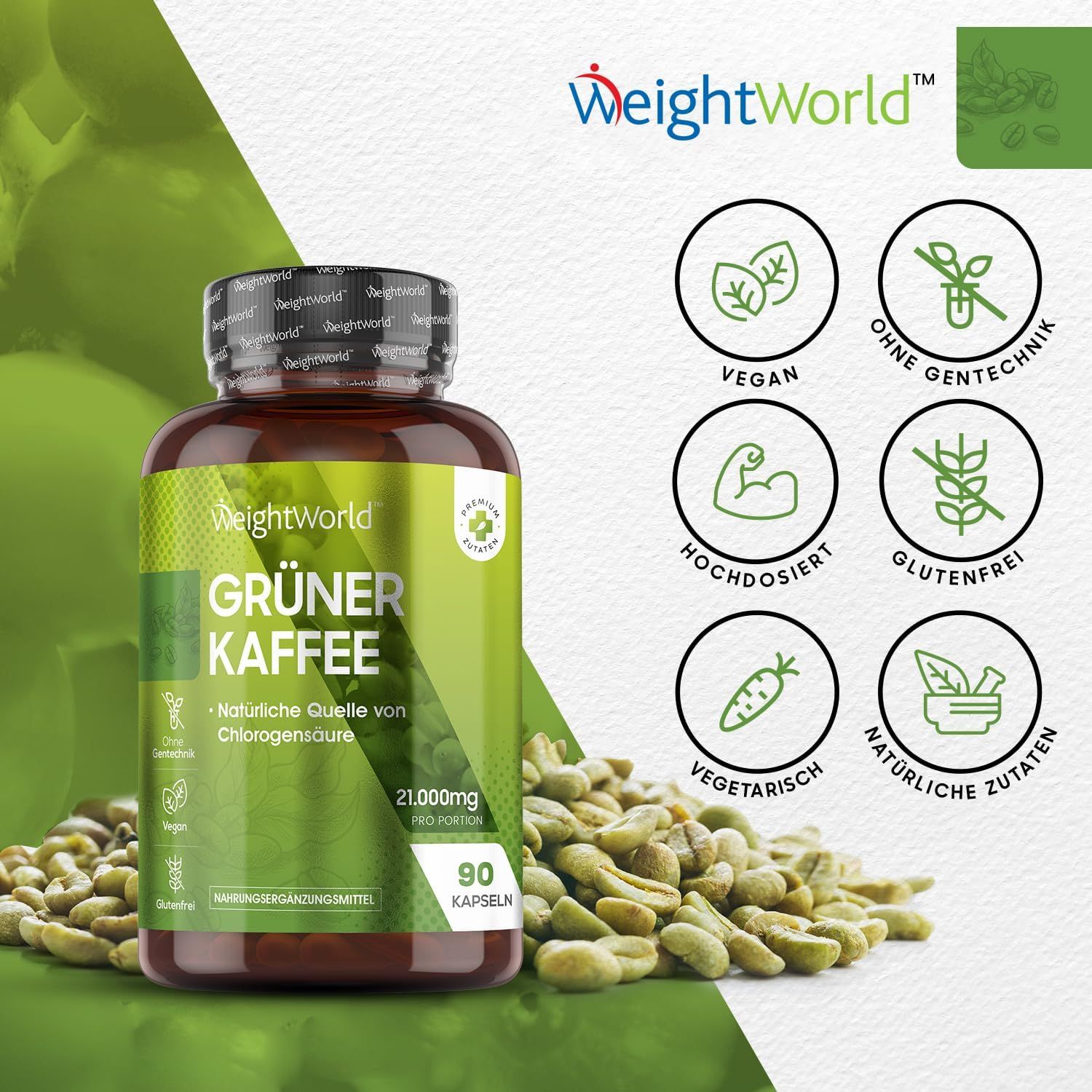 WeightWorld Groene Koffie capsules: Vegan, hoog gedoseerd, glutenvrij, natuurlijke ingrediënten.