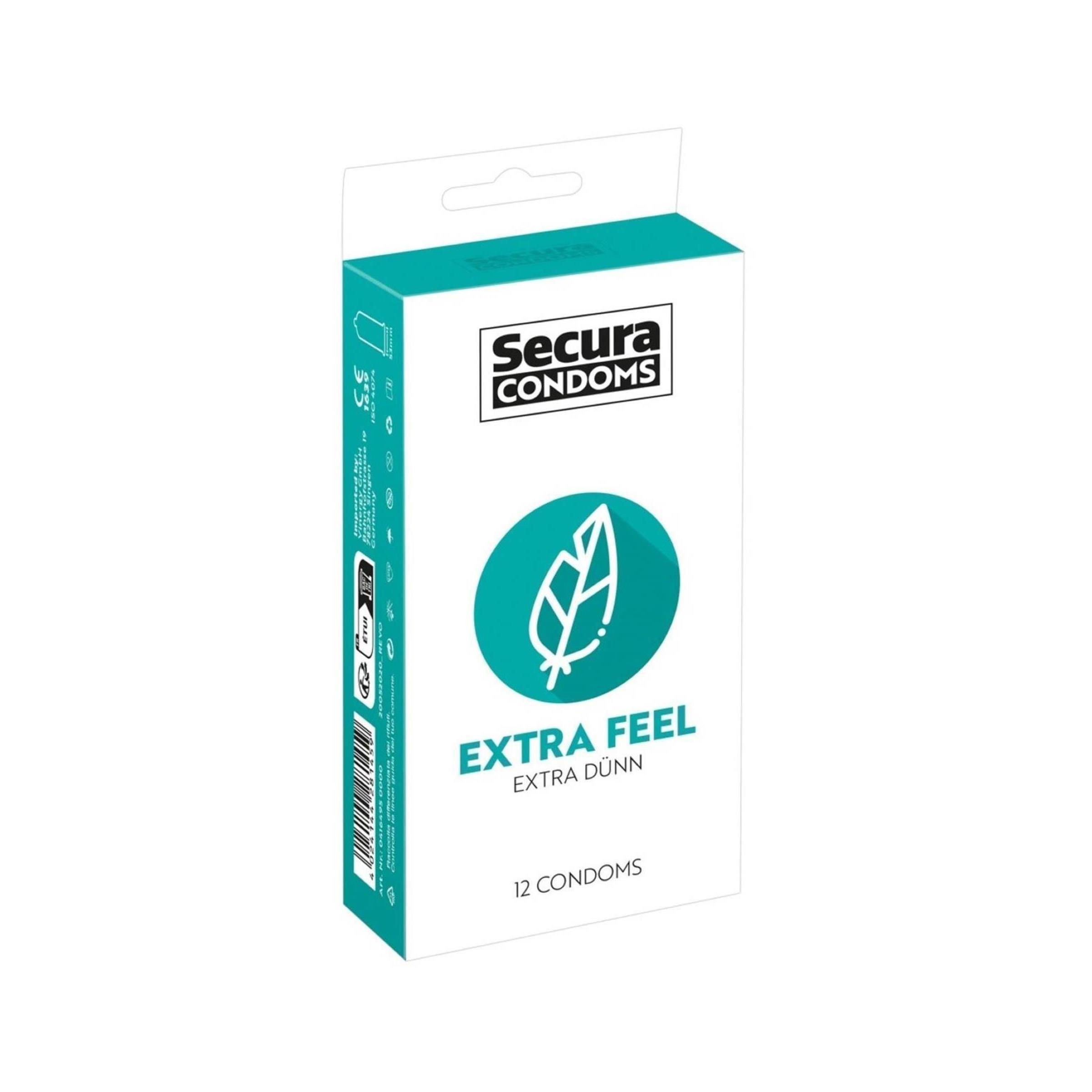 Kartonnen verpakking. Wit en turquoise. Merk Secura Condoms. Tekst: Extra Feel, 12 condooms. Blad-logo.
