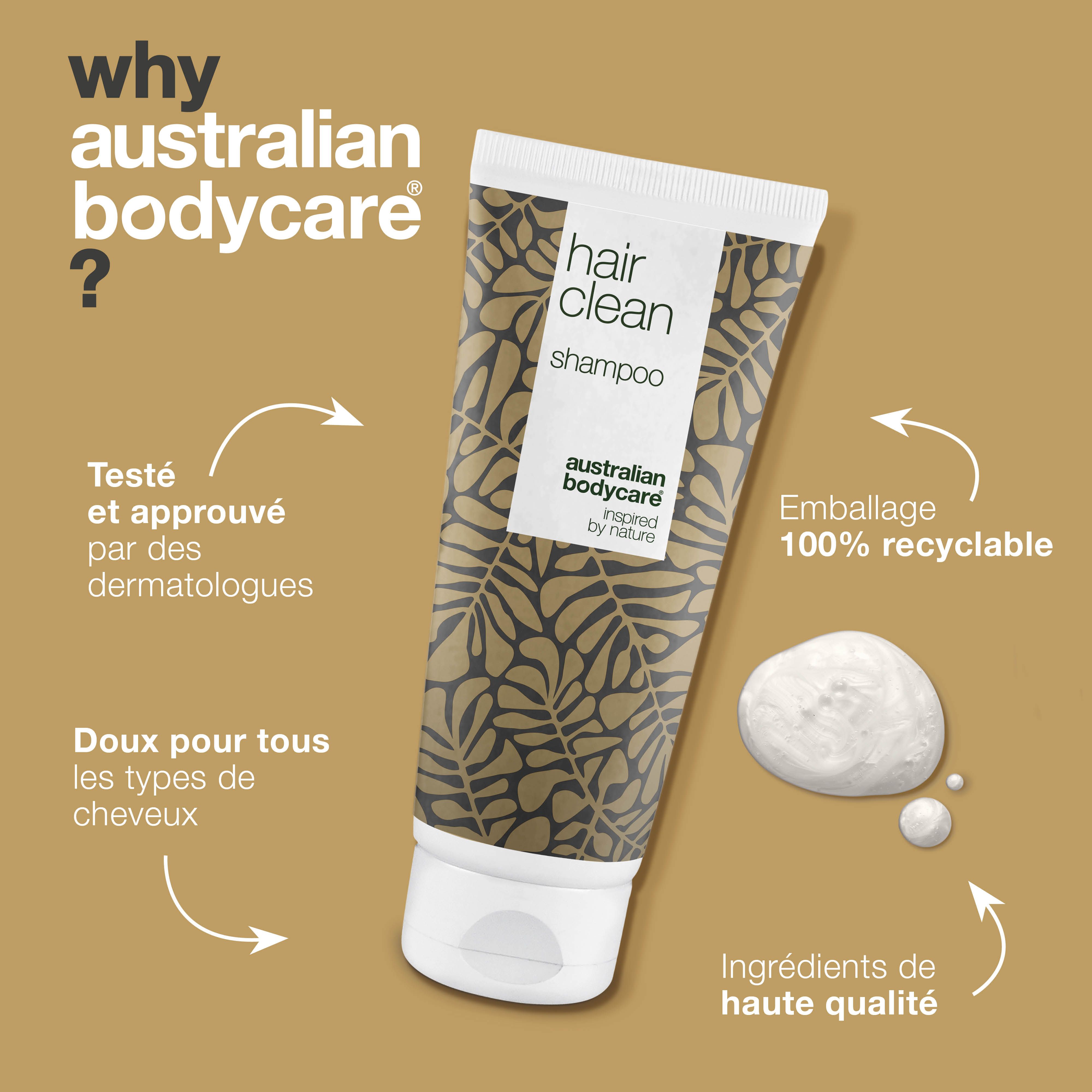 Tube "hair clean shampoo". Texte sur les avantages. Logo "Australian Bodycare".