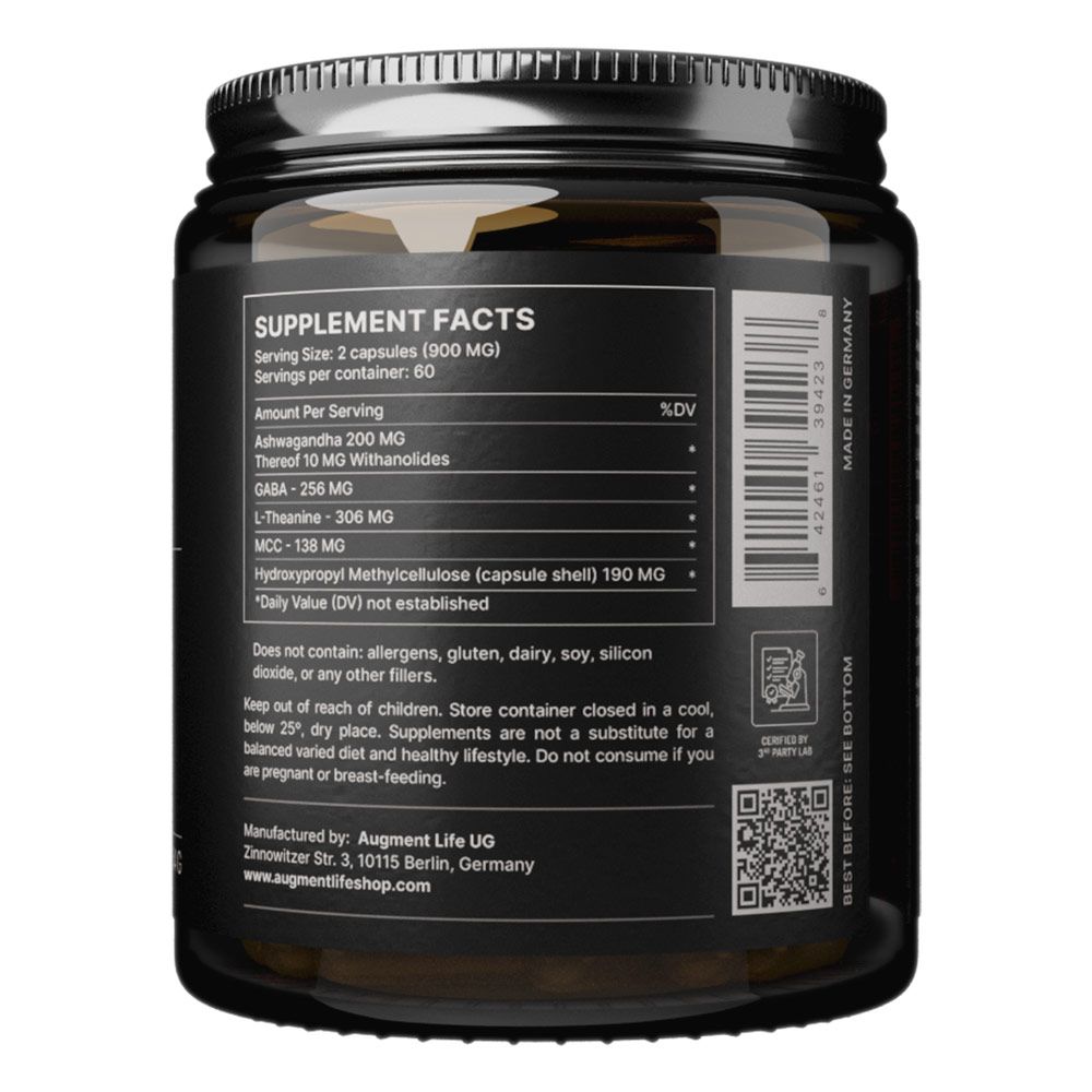 Étiquette Supplement Facts sur pot brun : Contient Ashwagandha, Théanine, GABA. Fabriqué en Allemagne.