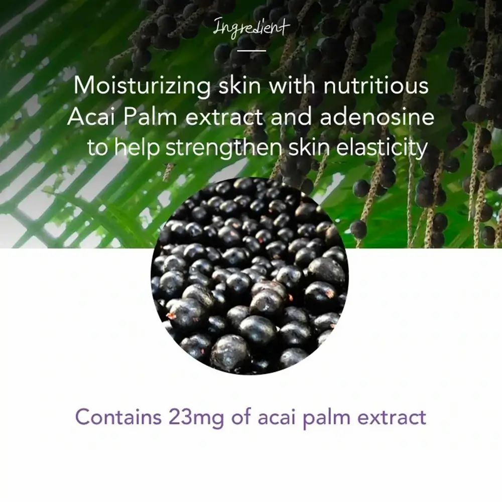 Gros plan sur les baies d'açaï. Texte : Hydratant avec extrait de palmier açaï et adénosine.