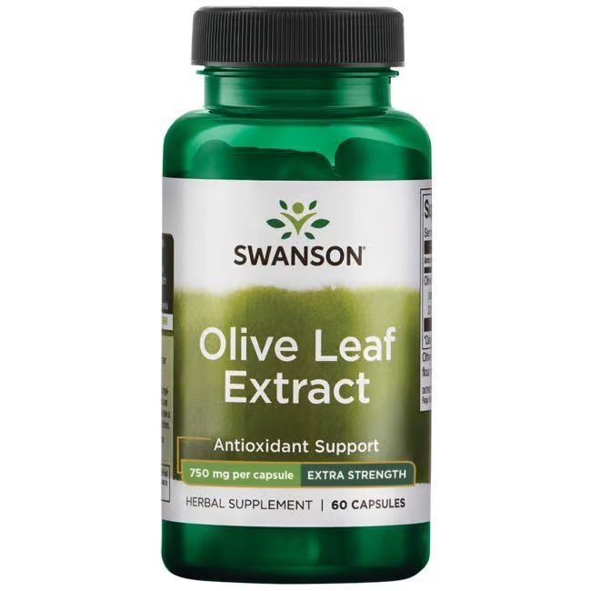 Groene fles SWANSON Olijfblad Extract, 750 mg per capsule, 60 capsules.