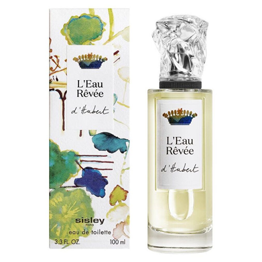 Glazen fles en kartonnen verpakking. Opschrift: L'Eau Rêvée d'Hubert, Sisley eau de toilette, 100 ml. Sluiting: kristalvormig.