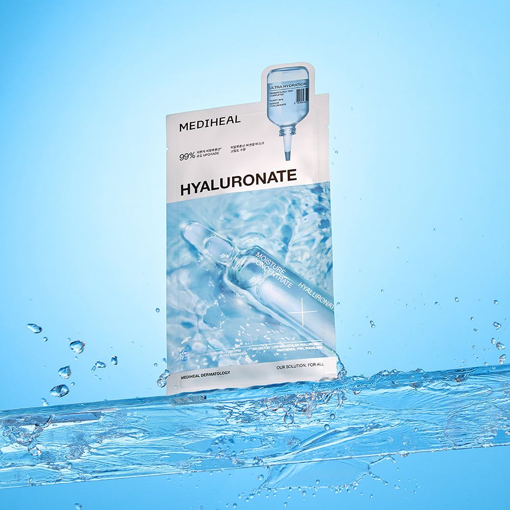 Emballage MEDIHEAL Hyaluronate. Texte principal : Hyaluronate. Illustration d'une ampoule et de gouttes d'eau. 99% pour l'hydratation améliorée.