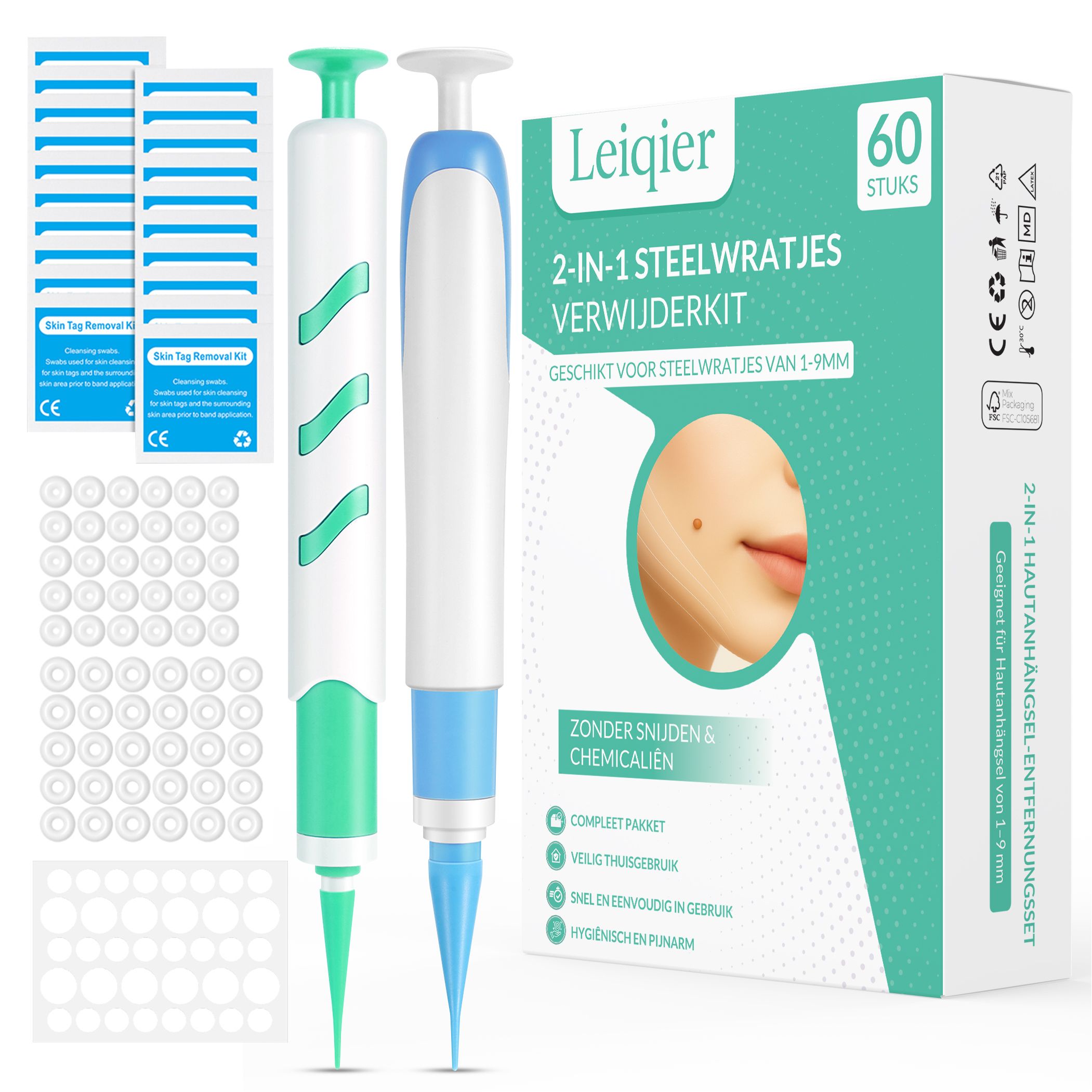 Leiqier kit met 2 pennen, doekjes, pleisters en bandjes. Voor huidlabels. CE-markering.