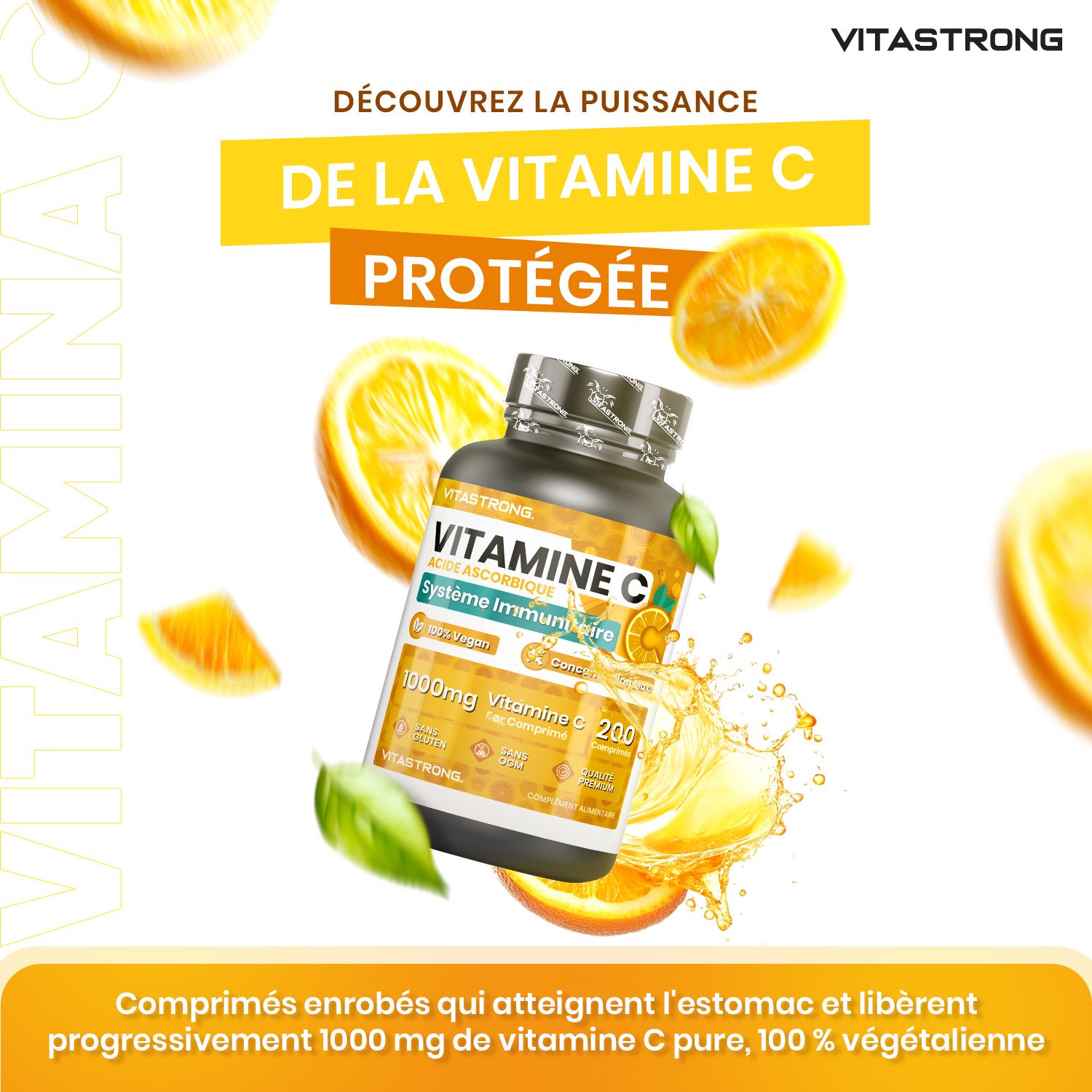 Product Vitastrong Vitamine C. Fles met tabletten, 1000mg Vitamine C, 200 tabletten. Tekst: Beschermde vitamine C.
