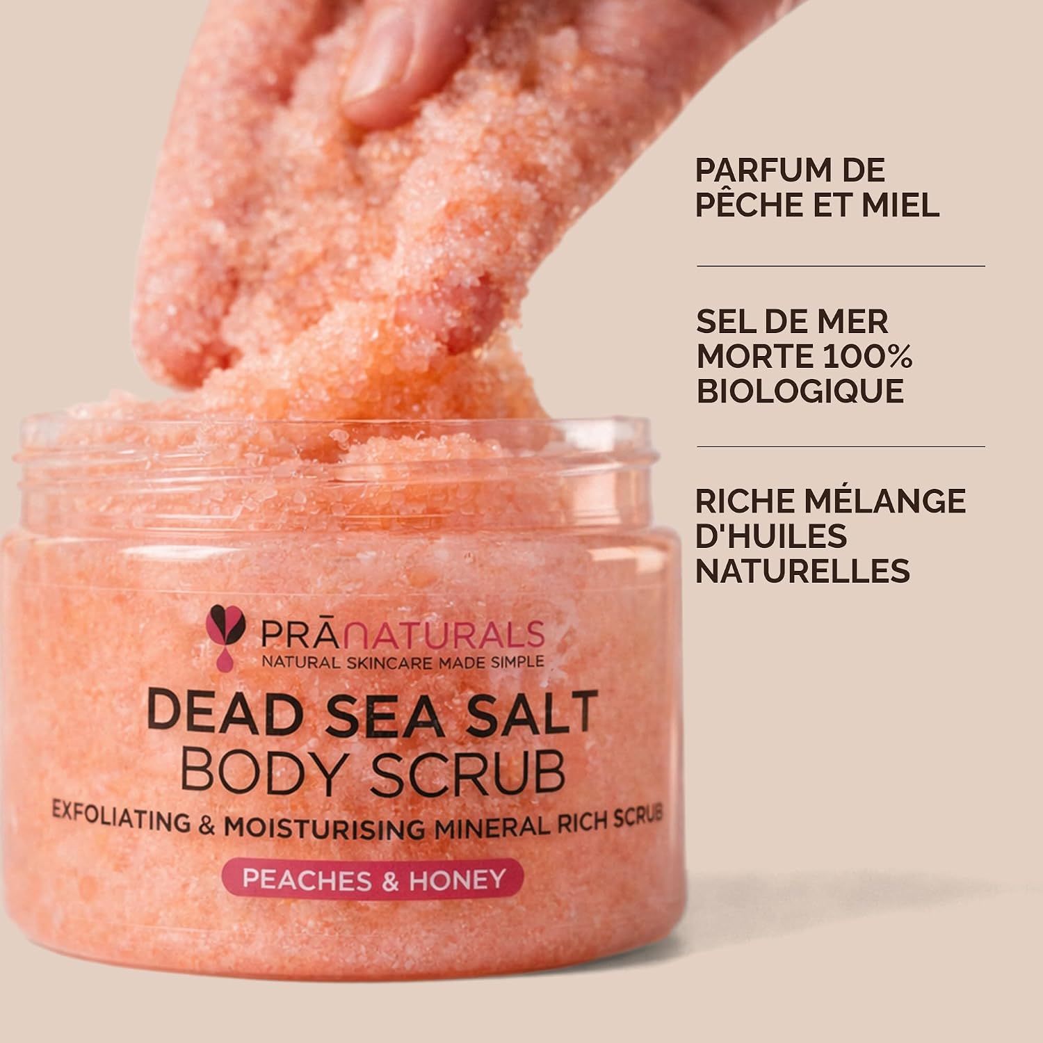 Gommage PraNaturals: Pêche & Miel, Sel 100% Bio de la Mer Morte.