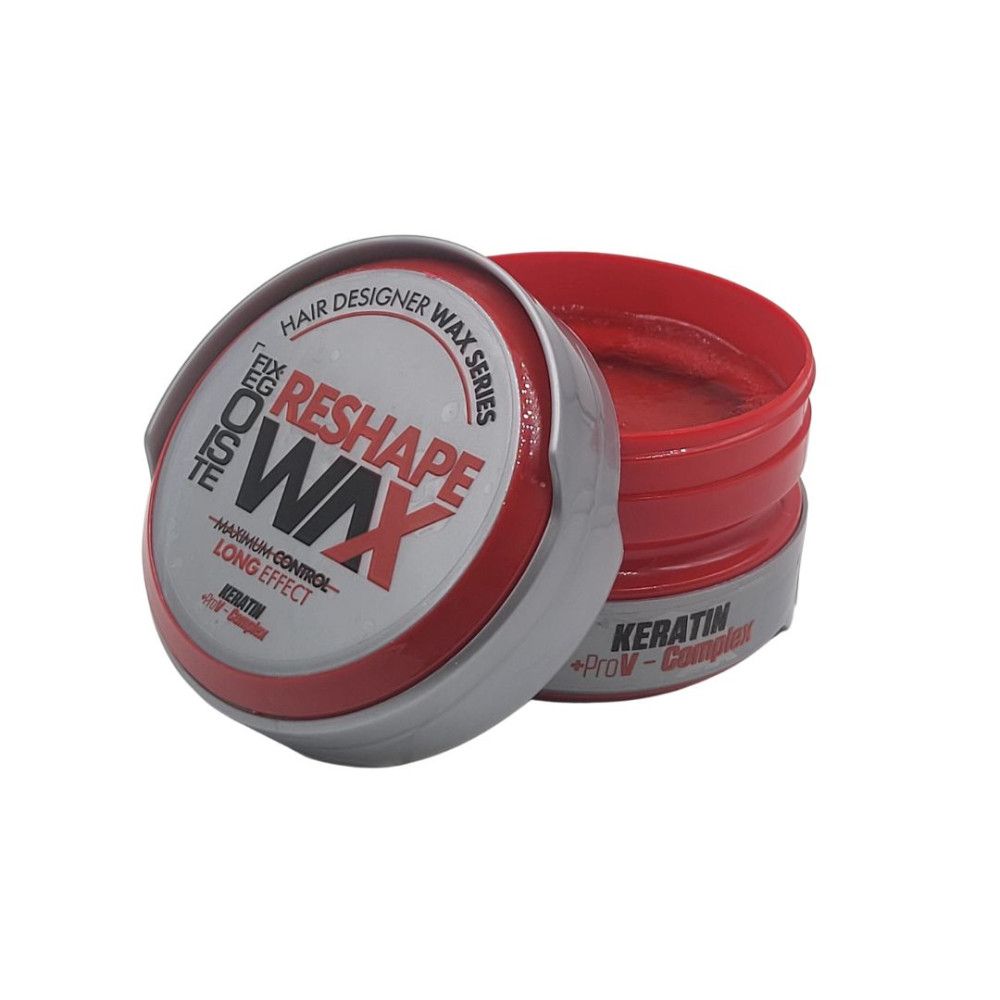 Rode pot met zilveren deksel. Opschrift: Reshape Wax, Keratin + ProV-Complex. Deksel gedeeltelijk geopend.