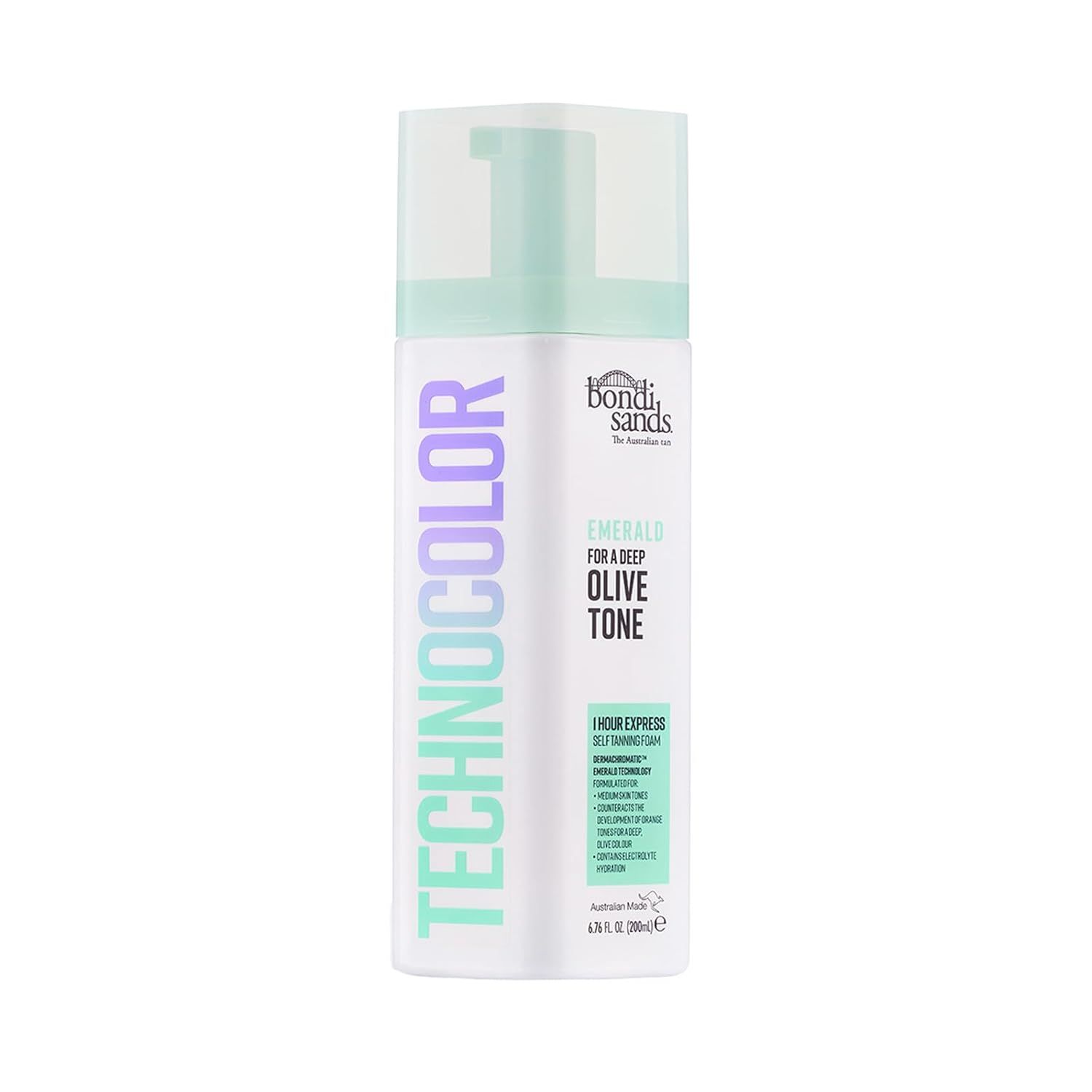 Mousse autobronzante Bondi Sands. Flacon vert et blanc. Texte : Emerald pour un ton olive profond. 1 Hour Express.