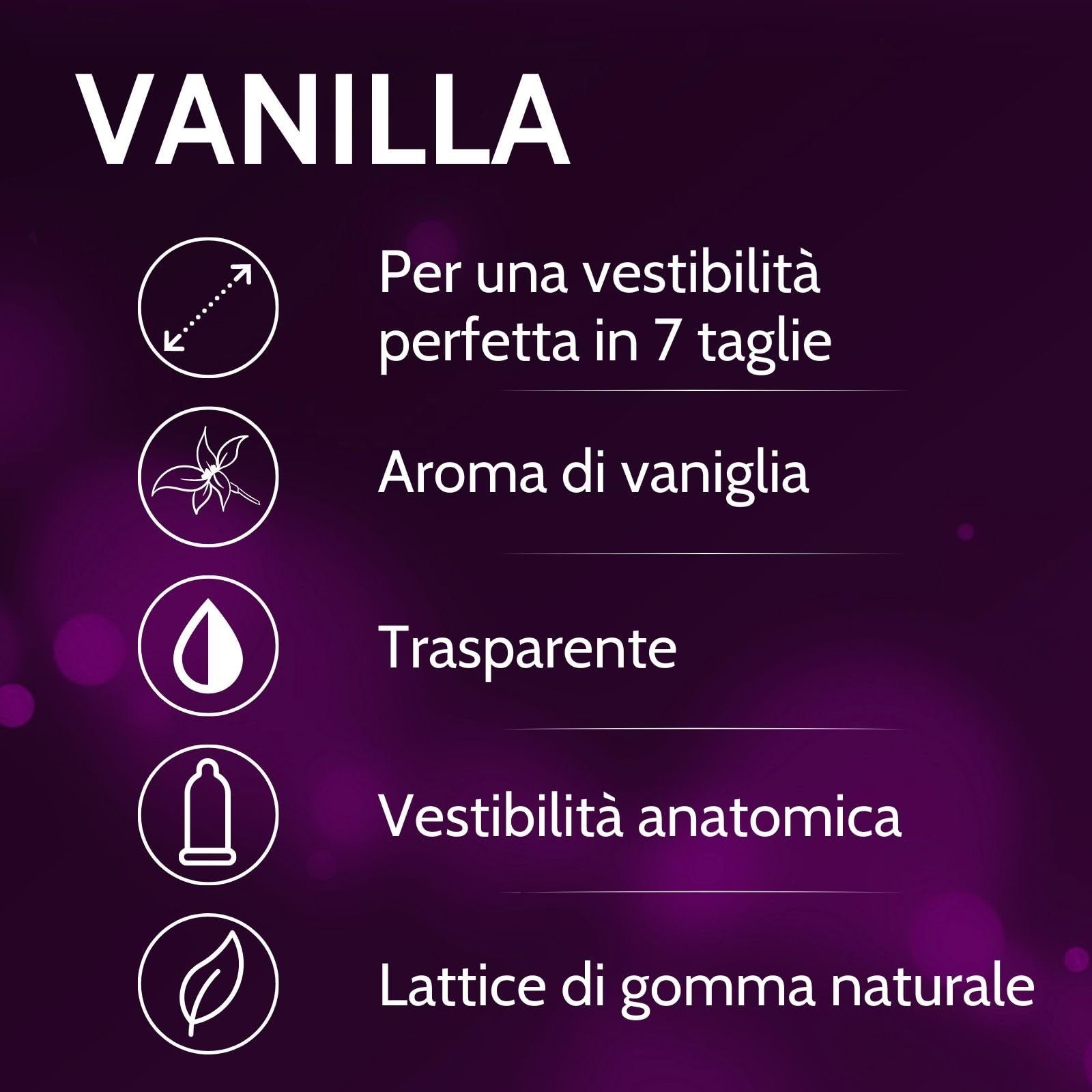 Préservatifs transparents parfum vanille, forme anatomique, en latex de caoutchouc naturel.