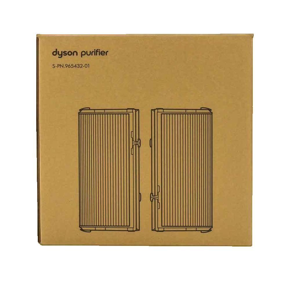 Kartonnen verpakking met twee vervangende filters. Opschrift: Dyson Purifier, S-PN.965432-01. Filters met verticale lamellen, bruine verpakking.