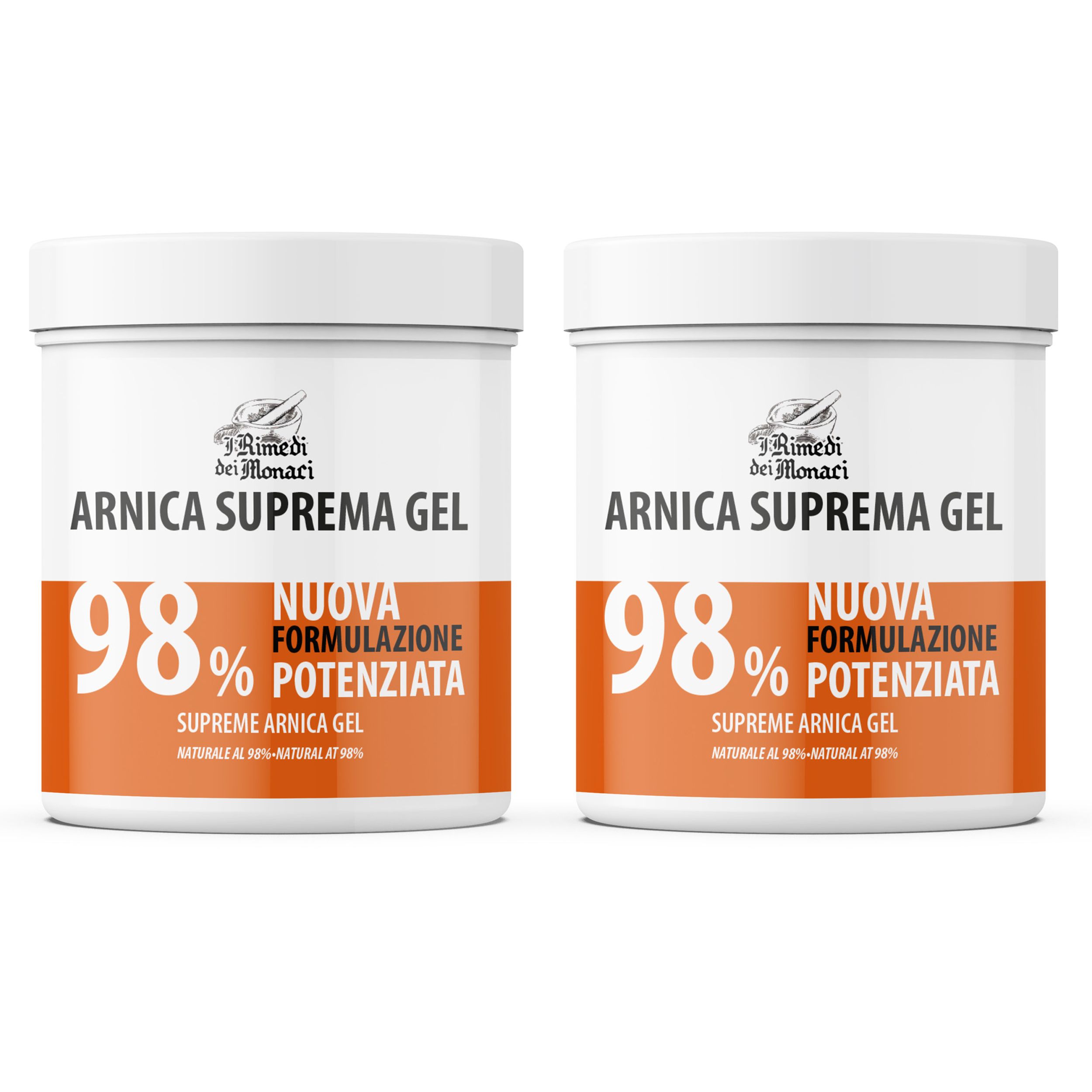 Twee witte potten met oranje band. Opschrift: Arnica Suprema Gel, 98%, Nieuwe formulering, Supreme Arnica Gel.