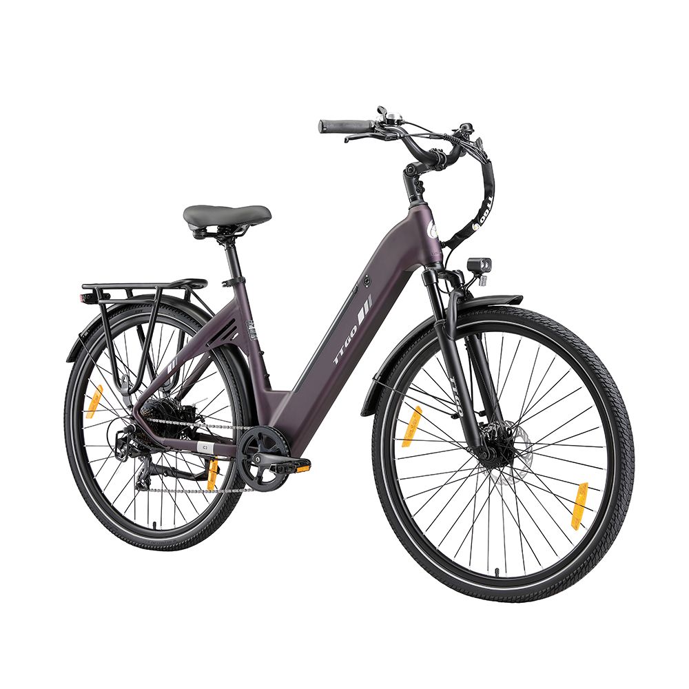 Vélo électrique violet foncé avec porte-bagages, garde-boue et éclairage. Pneus et selle noirs. Logo TTGO.