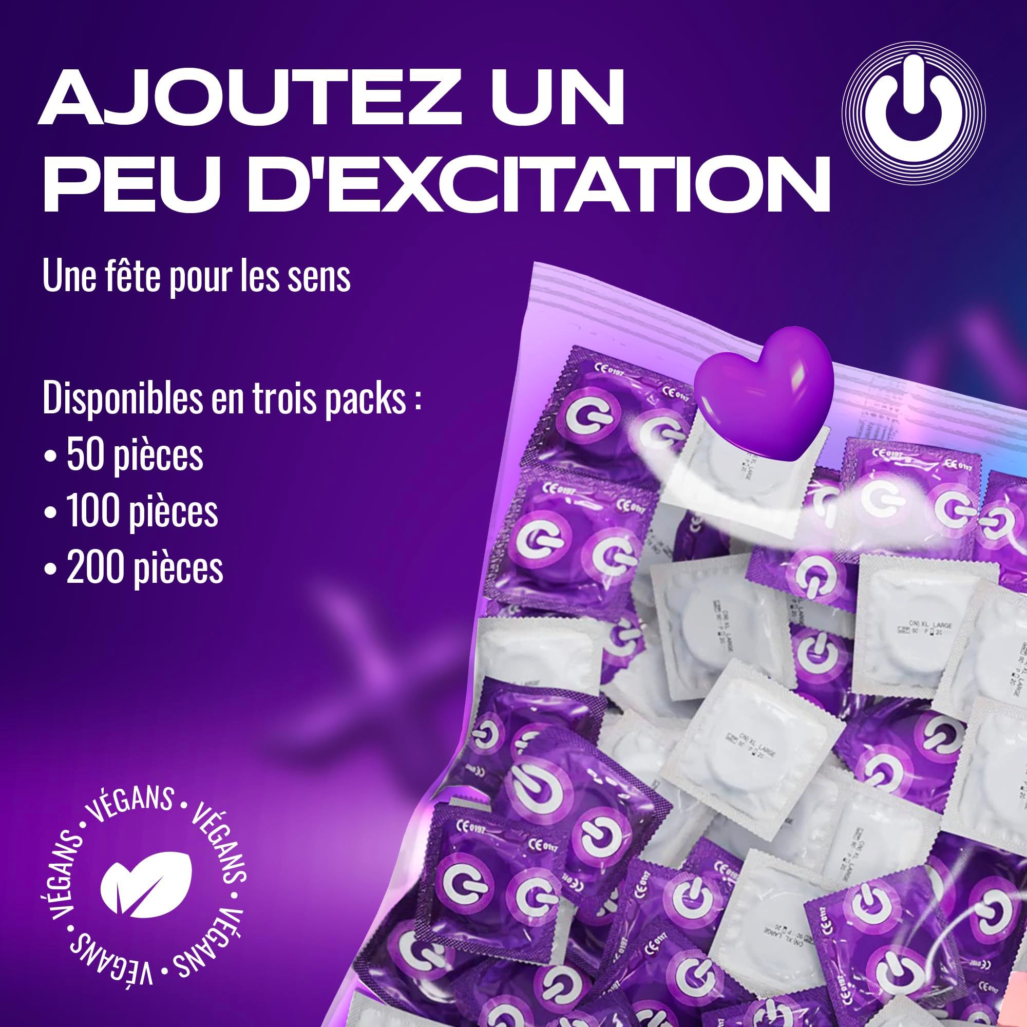 Pack de nombreux préservatifs ON), 100 pièces, taille XXL.