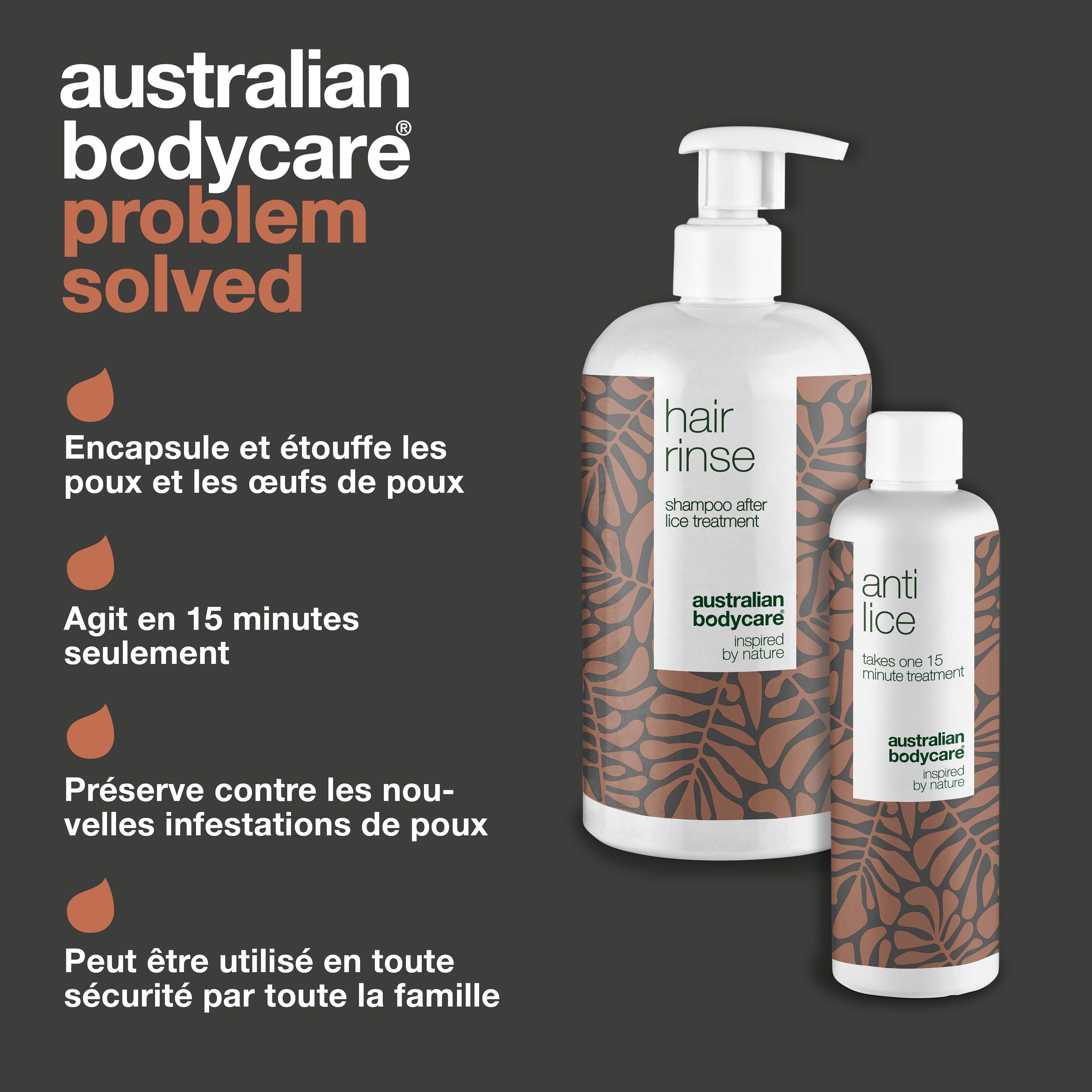 Deux flacons : « hair rinse » et « anti lice ». Marque : Australian Bodycare. Texte : « Problem solved ».