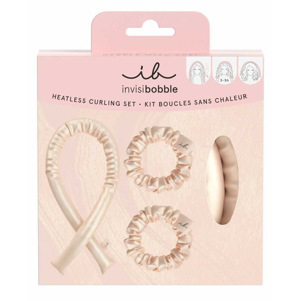 Set Invisibobble pour boucles sans chaleur : une tige longue et flexible et deux chouchous en satin beige.