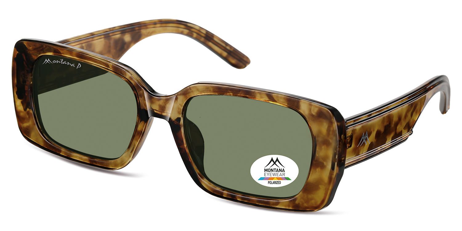 Lunettes de soleil marron et vertes. Logo Montana Eyewear et autocollant Polarized. Vue en perspective.