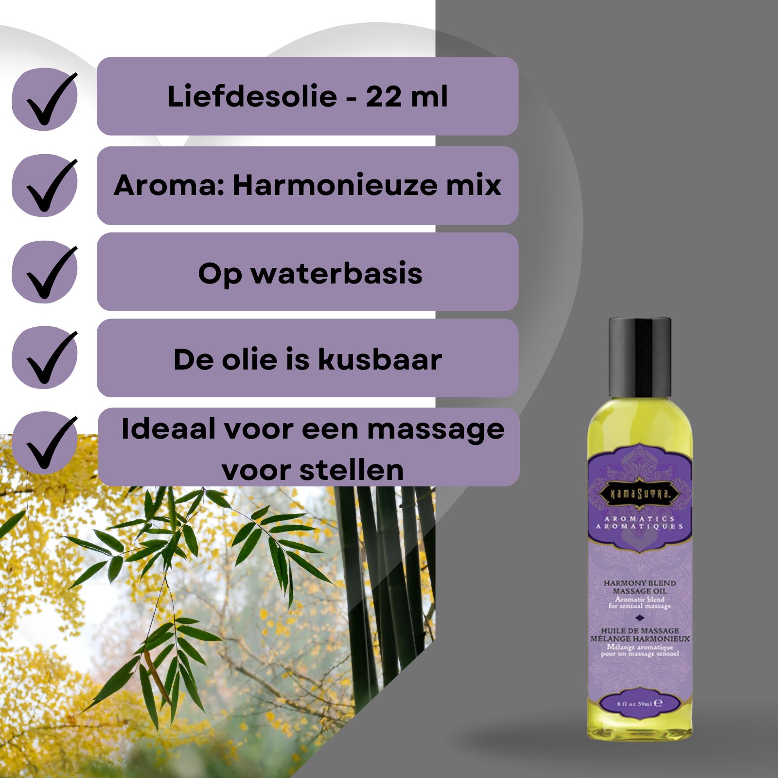 Massageolie fles naast tekstvakken. Tekst: Massageolie met aroma Harmony Blend, op waterbasis, voedt de huid, ideaal voor een massage voor stellen.