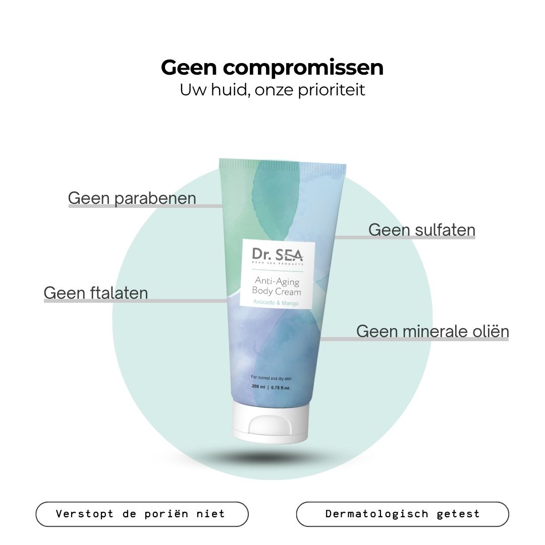 Crèmetube met tekst. Opschrift: Dr. SEA, Anti-Aging Body Cream, Avocado & Mango. Zonder parabenen, sulfaten, ftalaten, minerale oliën.