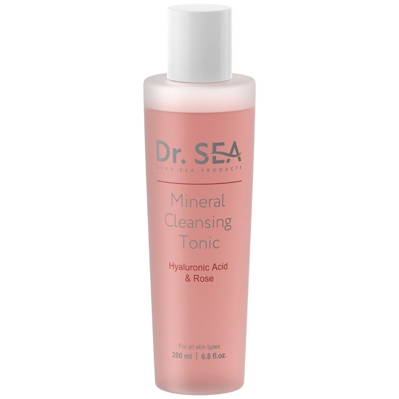 Rozen tonic fles. Opschrift: Dr. Sea, Mineral Cleansing Tonic, Hyaluronzuur & Roos. 200 ml.