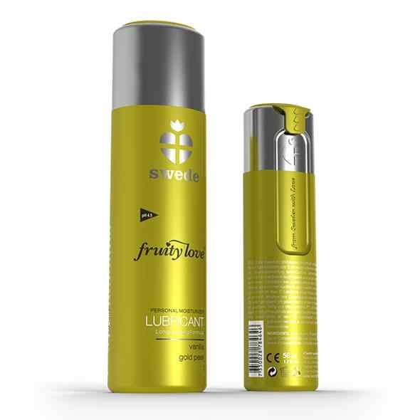 Deux bouteilles jaunes, une grande, une petite, avec bouchons argentés. Inscription "fruity love".