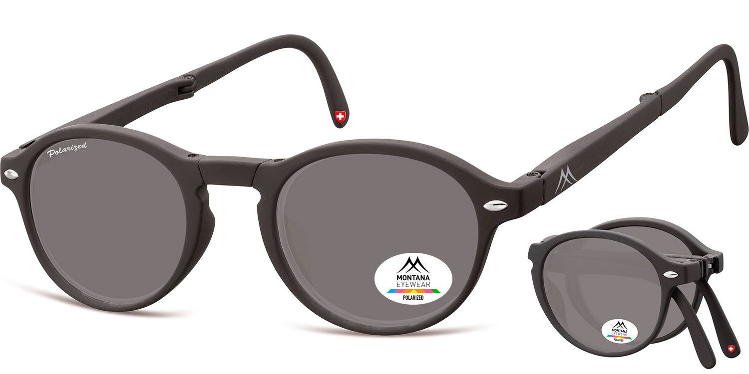 Lunettes de soleil pliables Montana Eyewear. Verres ronds gris, monture noire. Logo et autocollant Polarized. Croix suisse sur la branche.